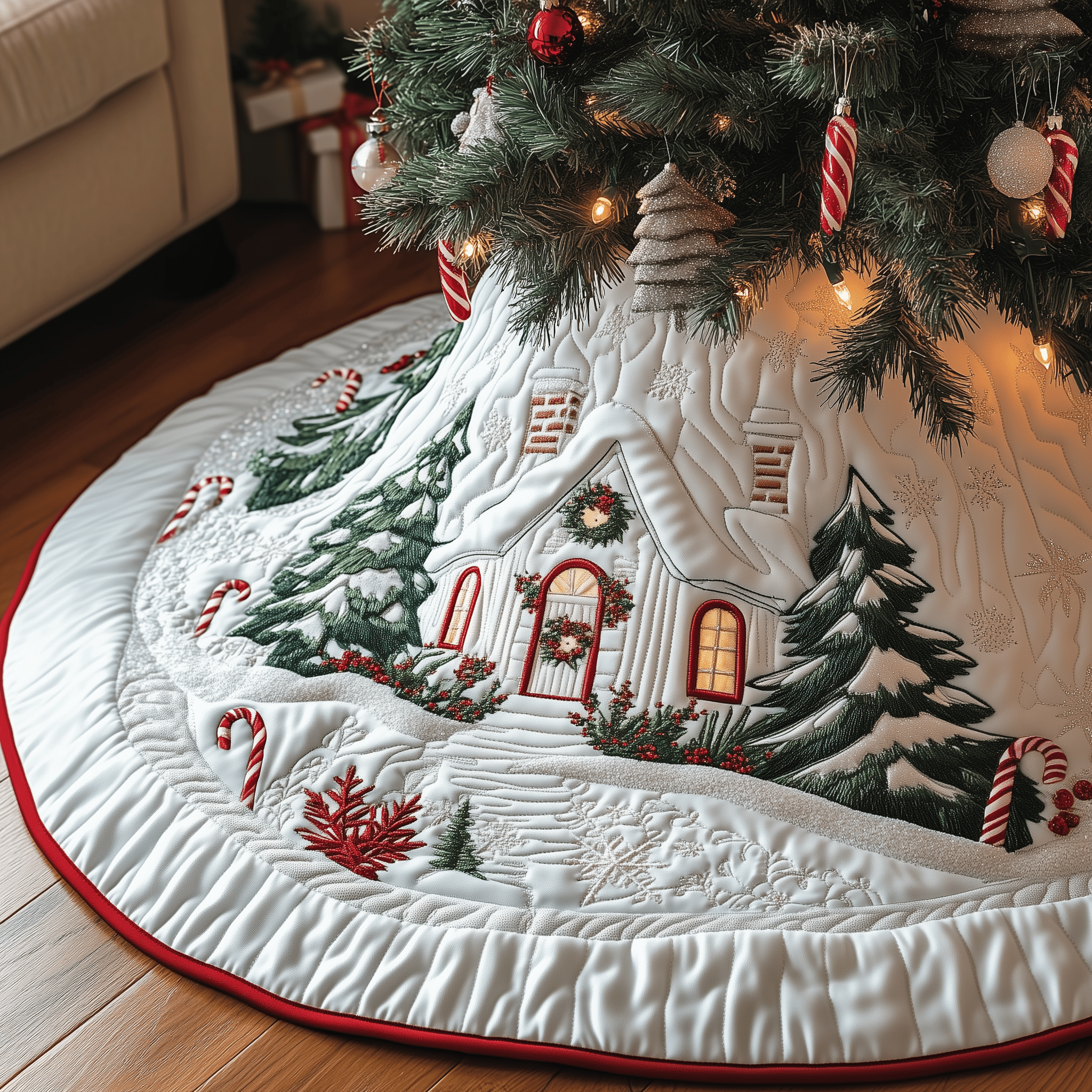 Candy Canes Whimsical House Quilted Tree Skirt Transform Your Holidays with a Safe and Elegant Tree Skirt Candy Canes Whimsical House Quilted Tree Skirt Transform Your Holidays with a Safe and Elegant Tree Skirt