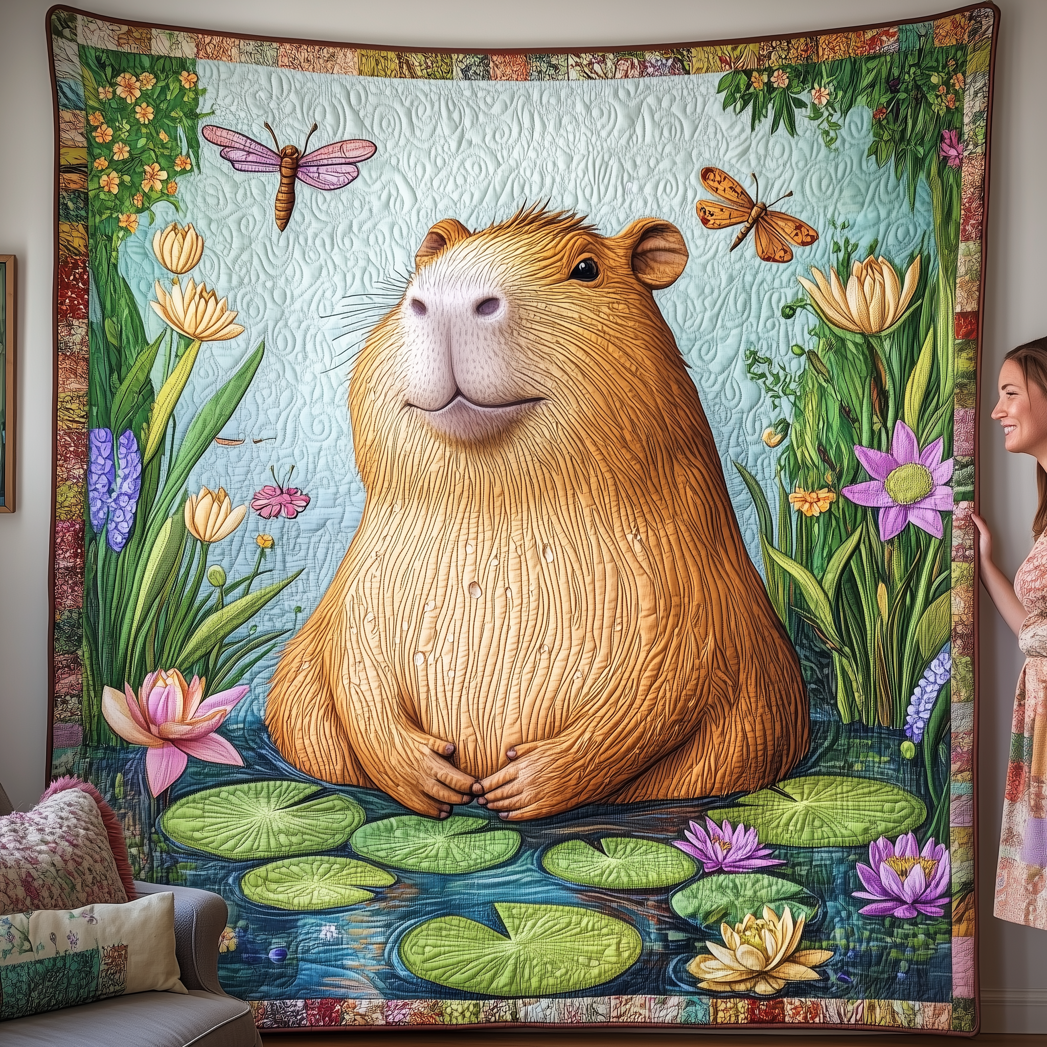 Capybara in the Pond Quilted Blanket Throw Blankets For Couch Unusual Capybara Gifts Capybara in the Pond Quilted Blanket Throw Blankets For Couch Unusual Capybara Gifts