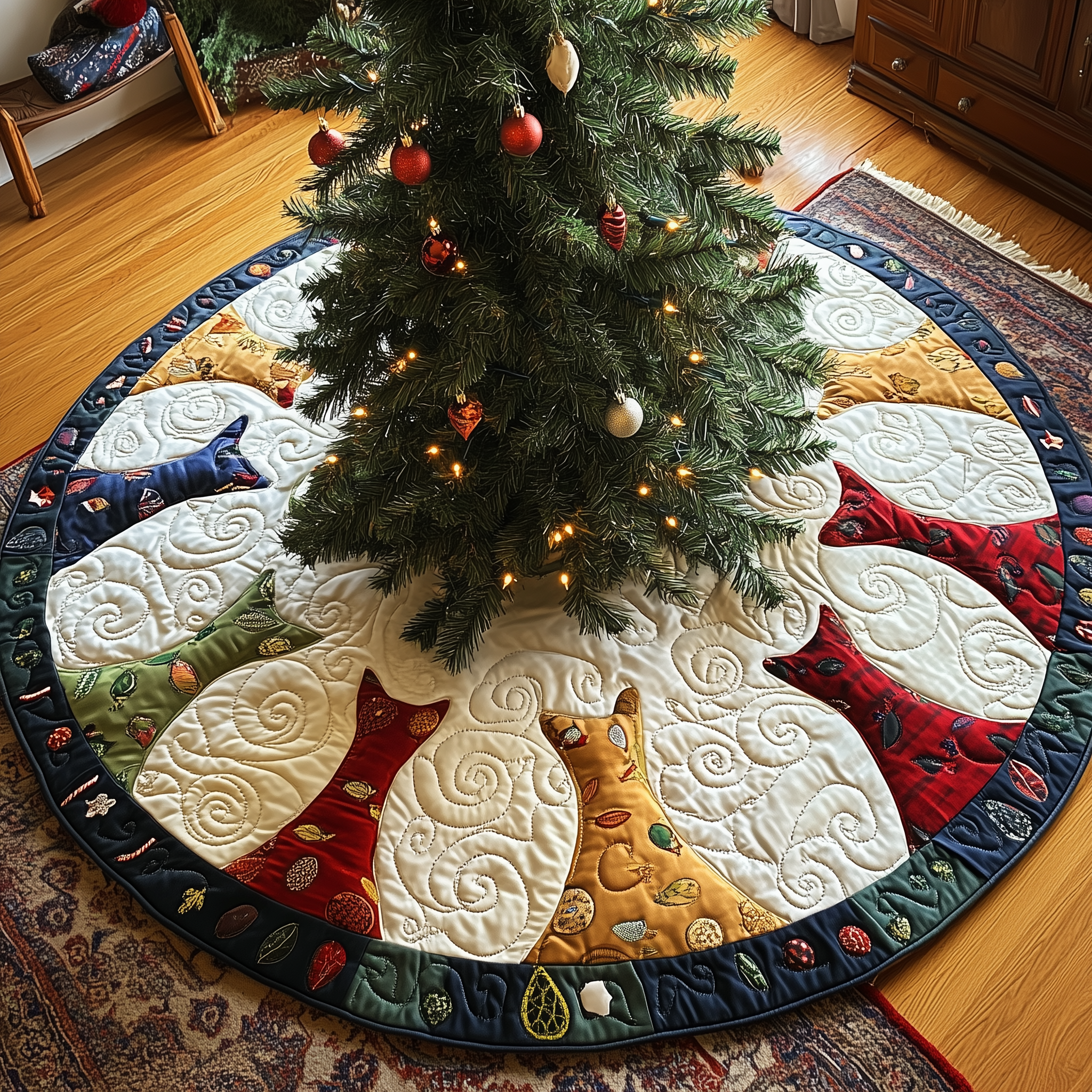 Cat Of Joy Quilted Tree Skirt Feel the Holiday Spirit with a Safe and Chic Tree Skirt Cat Of Joy Quilted Tree Skirt Feel the Holiday Spirit with a Safe and Chic Tree Skirt