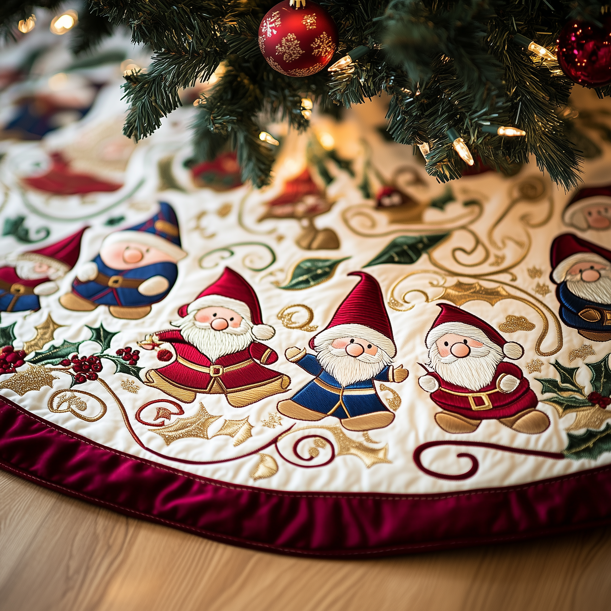 Cheerful Gnomes Quilted Tree Skirt Celebrate the Holidays Without Stress Choose Safety Cheerful Gnomes Quilted Tree Skirt Celebrate the Holidays Without Stress Choose Safety