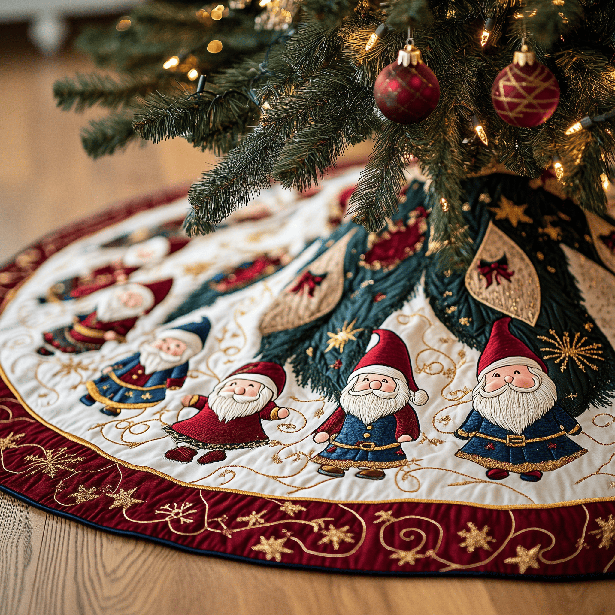 Cheerful Gnomes Quilted Tree Skirt Celebrate Your Family's Traditions with Stylish Protection Cheerful Gnomes Quilted Tree Skirt Celebrate Your Family's Traditions with Stylish Protection