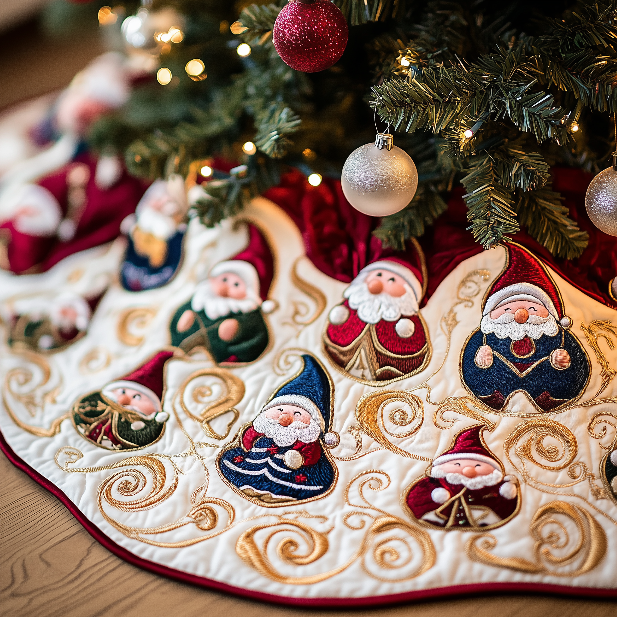 Cheerful Gnomes Quilted Tree Skirt Feel the Calm of Christmas with Durable Tree Decor Cheerful Gnomes Quilted Tree Skirt Feel the Calm of Christmas with Durable Tree Decor