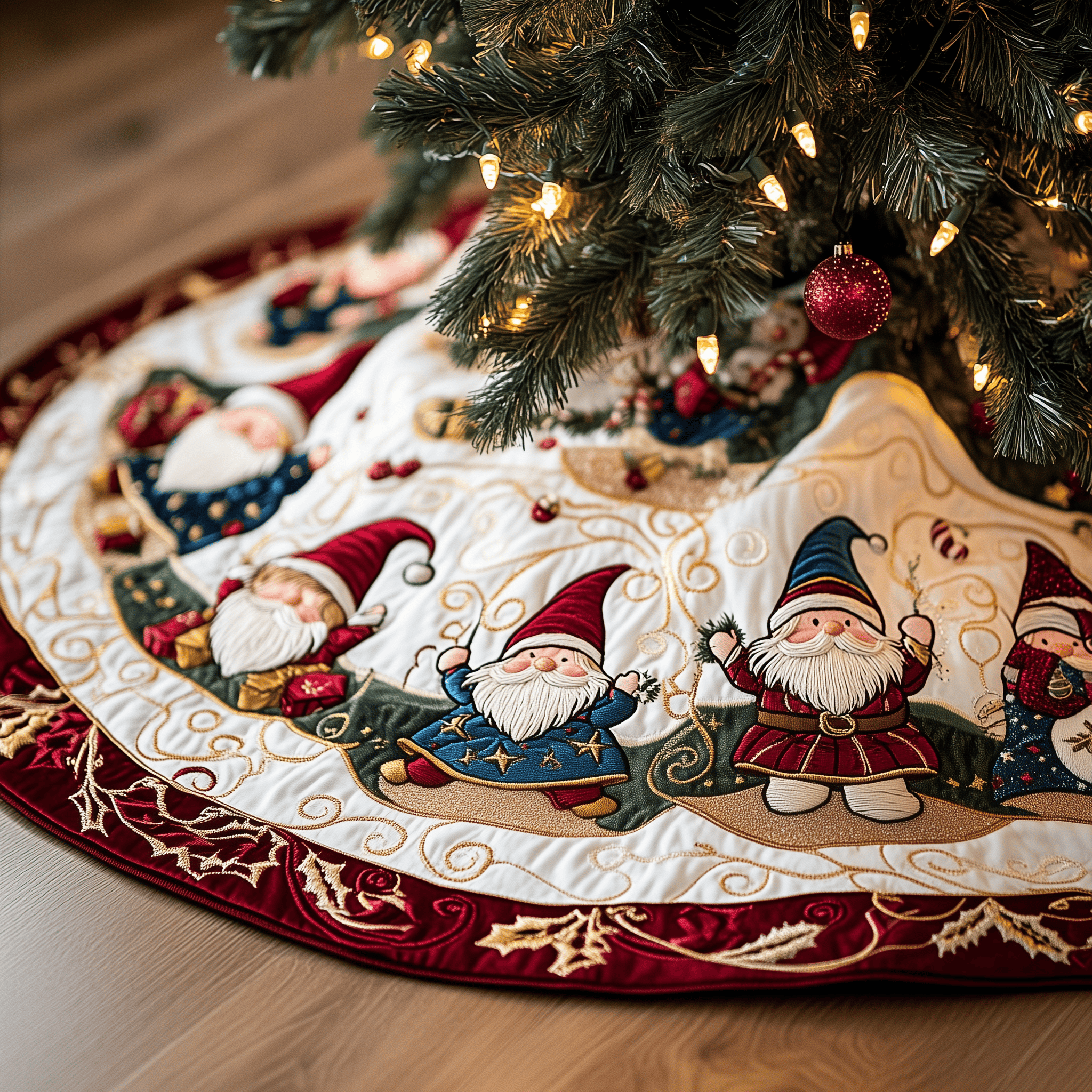 Cheerful Gnomes Quilted Tree Skirt Feel the Magic of the Holidays Without Worry Cheerful Gnomes Quilted Tree Skirt Feel the Magic of the Holidays Without Worry