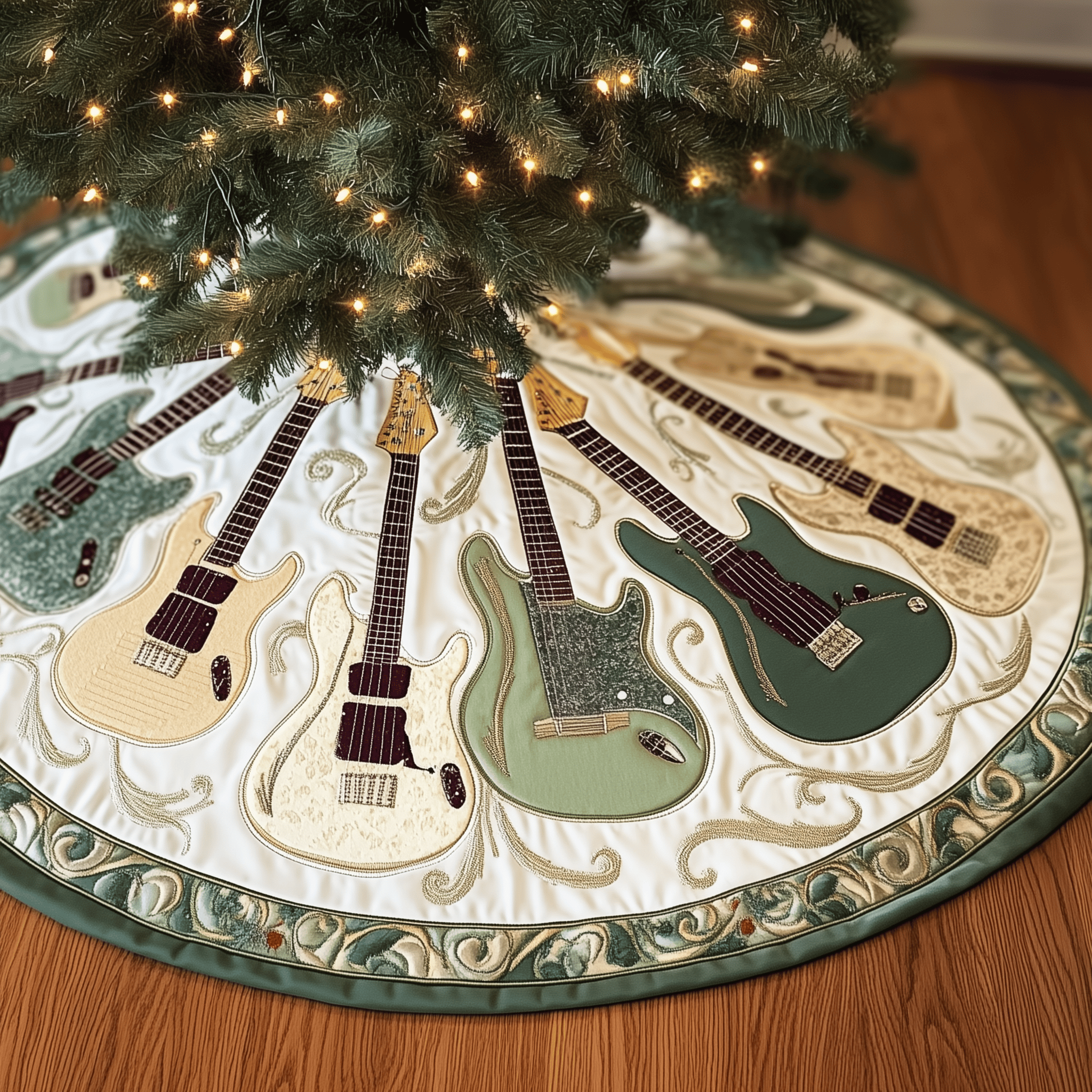 Cheerful Swirl Guitars Quilted Tree Skirt Feel Good About Your Tree Decor This Holiday Cheerful Swirl Guitars Quilted Tree Skirt Feel Good About Your Tree Decor This Holiday