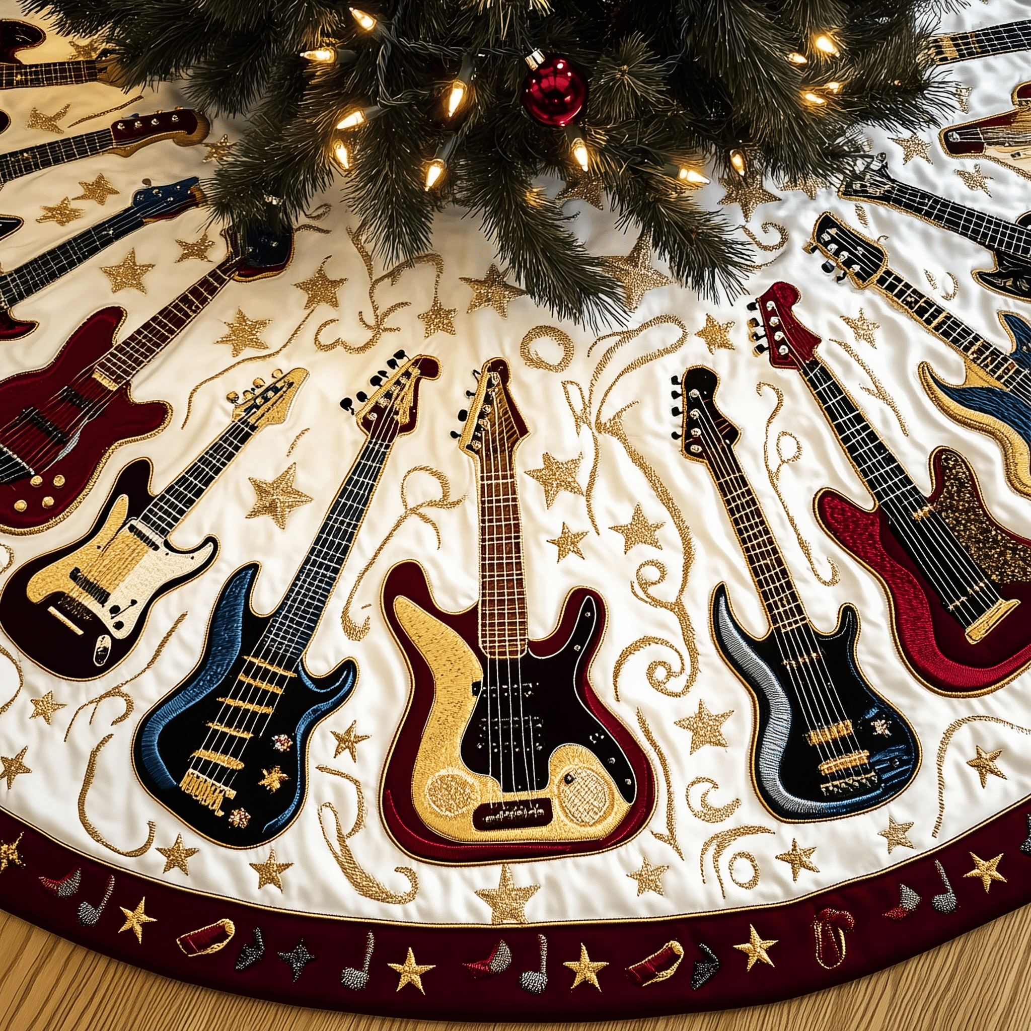 Cheerful Swirl Guitars Quilted Tree Skirt Make Christmas Simple and Stylish with Protective Decor Cheerful Swirl Guitars Quilted Tree Skirt Make Christmas Simple and Stylish with Protective Decor