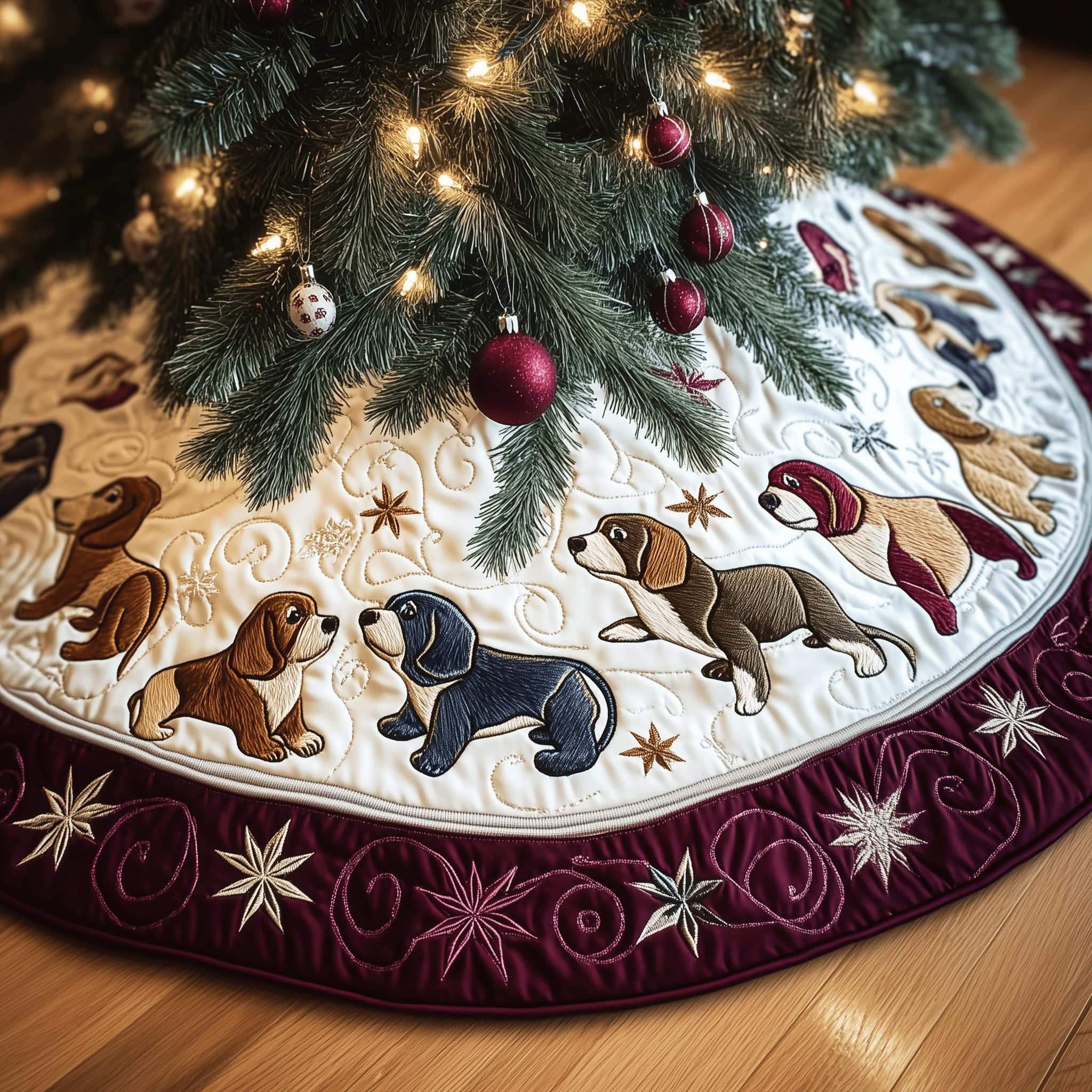 Christmas Beagle Quilted Tree Skirt Feel the Warmth of Christmas with Protective Decor Christmas Beagle Quilted Tree Skirt Feel the Warmth of Christmas with Protective Decor