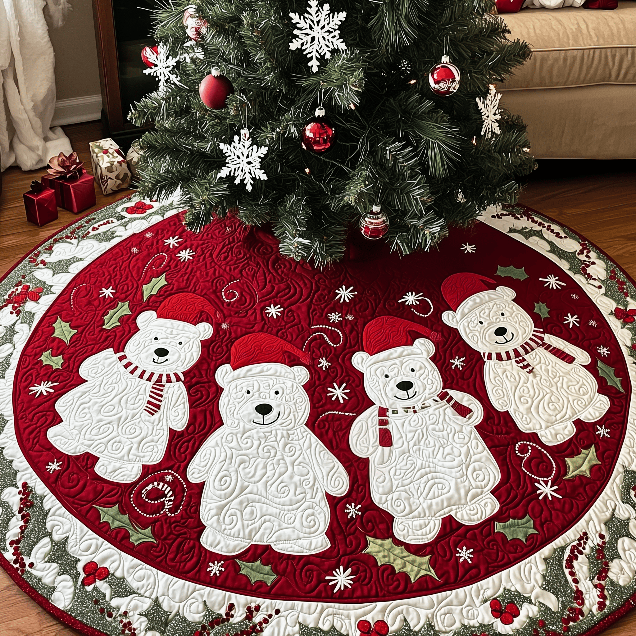 Christmas Bear Quilted Tree Skirt Celebrate Joyfully with a Stylish Christmas Tree Skirt Christmas Bear Quilted Tree Skirt Celebrate Joyfully with a Stylish Christmas Tree Skirt