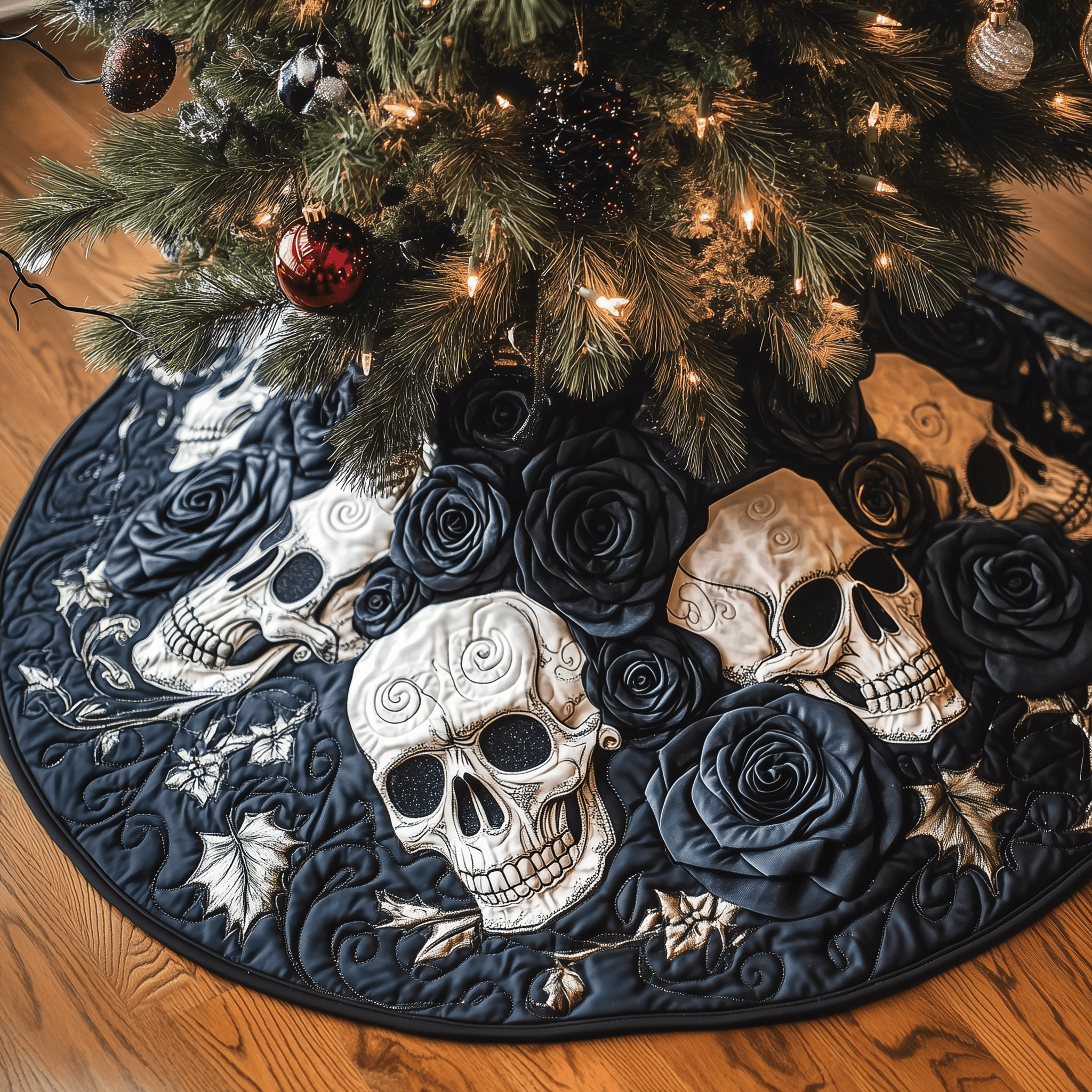 Christmas Black Rose Skull Quilted Tree Skirt Feel Good About Your Tree Decor This Holiday Christmas Black Rose Skull Quilted Tree Skirt Feel Good About Your Tree Decor This Holiday