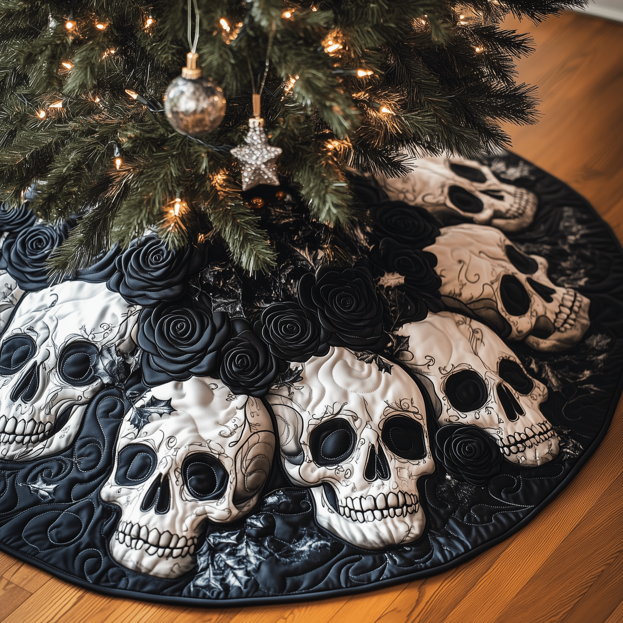 Christmas Black Rose Skull Quilted Tree Skirt Make Christmas Simple and Stylish with Protective Decor Christmas Black Rose Skull Quilted Tree Skirt Make Christmas Simple and Stylish with Protective Decor