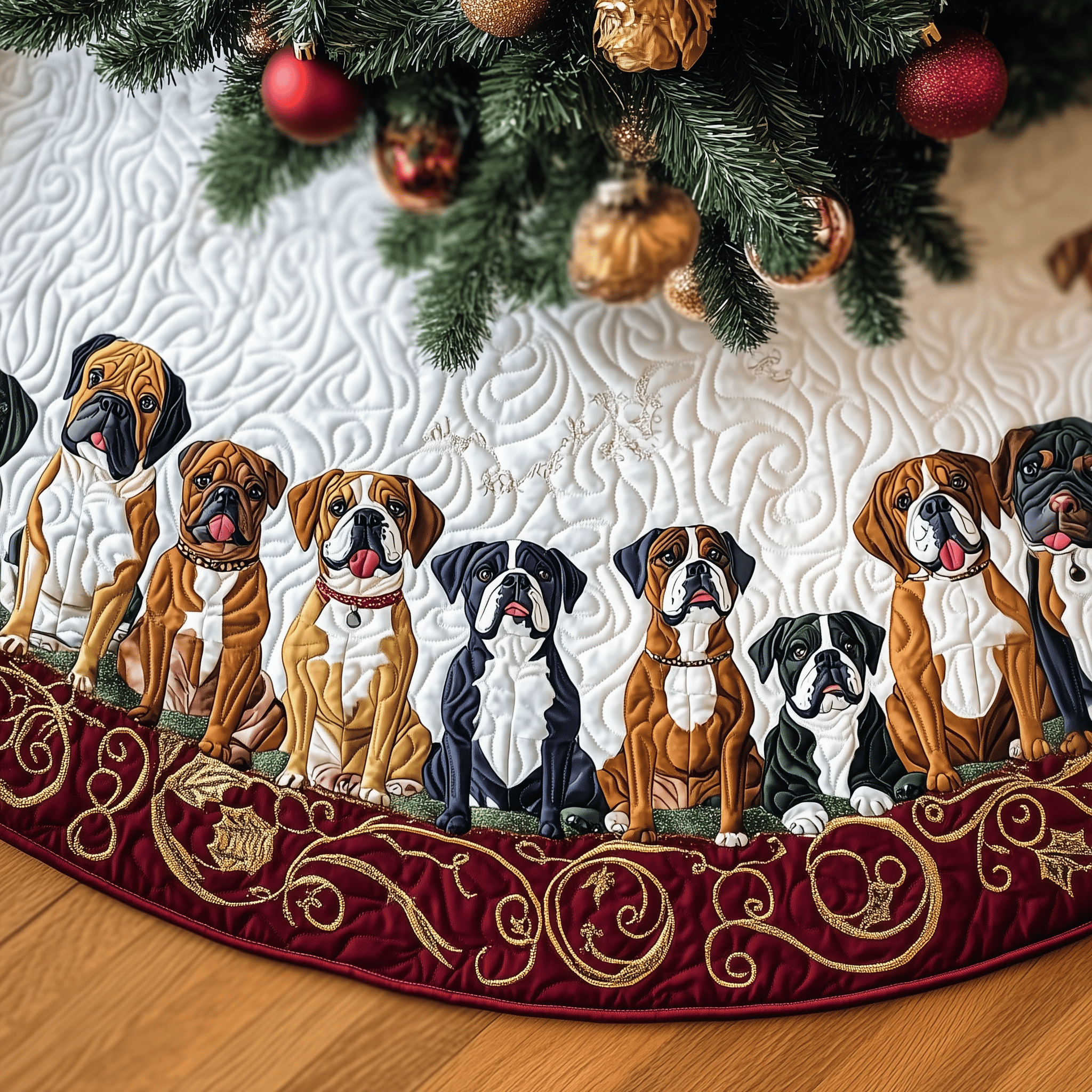 Christmas Boxer Quilted Tree Skirt Celebrate Elegantly with a Timeless Christmas Tree Skirt Christmas Boxer Quilted Tree Skirt Celebrate Elegantly with a Timeless Christmas Tree Skirt