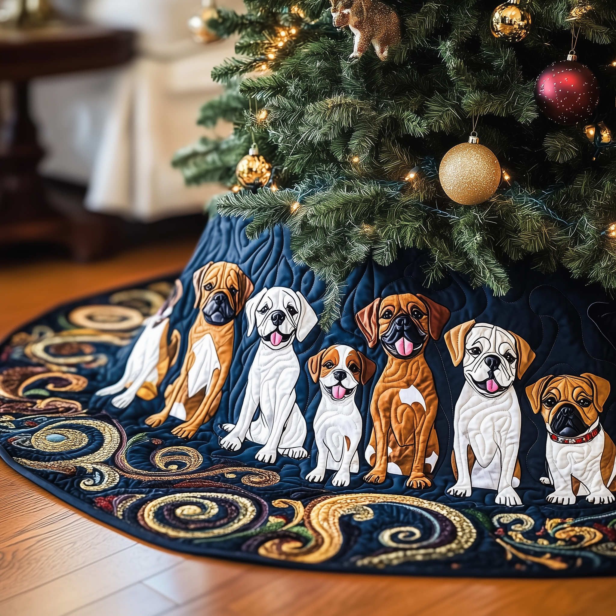 Christmas Boxer Quilted Tree Skirt Feel Peaceful Amid the Holiday Rush with Protective Decor Christmas Boxer Quilted Tree Skirt Feel Peaceful Amid the Holiday Rush with Protective Decor