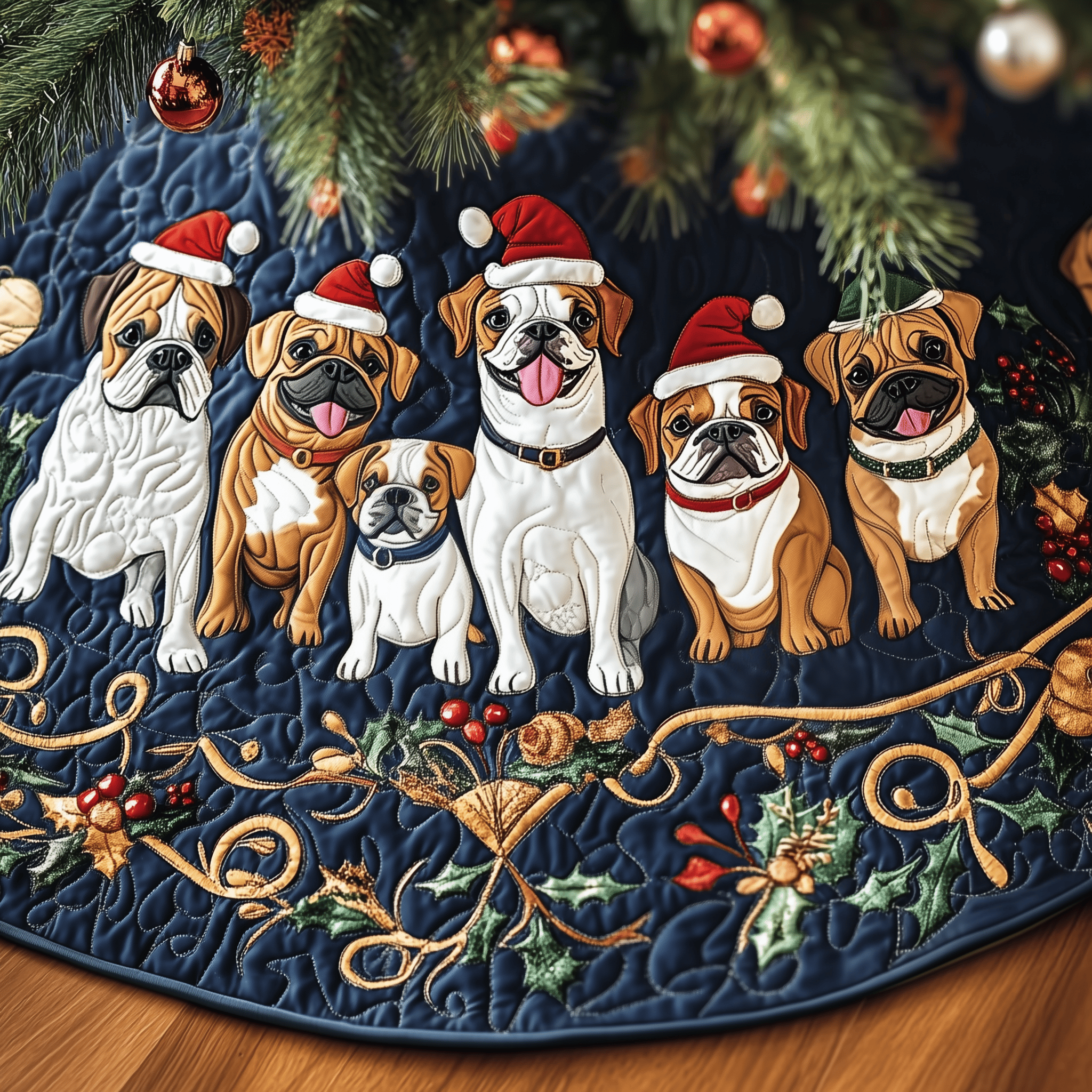 Christmas Boxer Quilted Tree Skirt Feel the Energy of the Holidays with a Durable Skirt Christmas Boxer Quilted Tree Skirt Feel the Energy of the Holidays with a Durable Skirt
