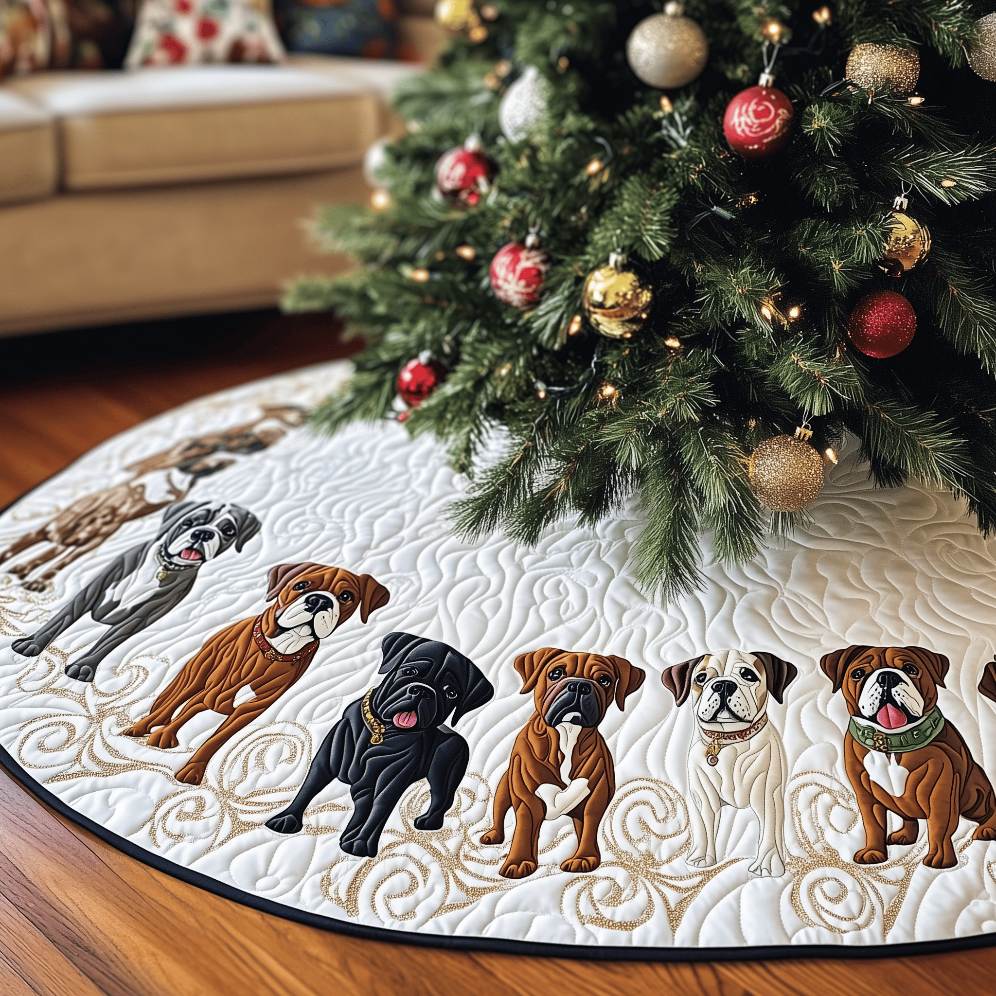 Christmas Boxer Quilted Tree Skirt Feel the Heart of Christmas Beneath Your Tree Christmas Boxer Quilted Tree Skirt Feel the Heart of Christmas Beneath Your Tree