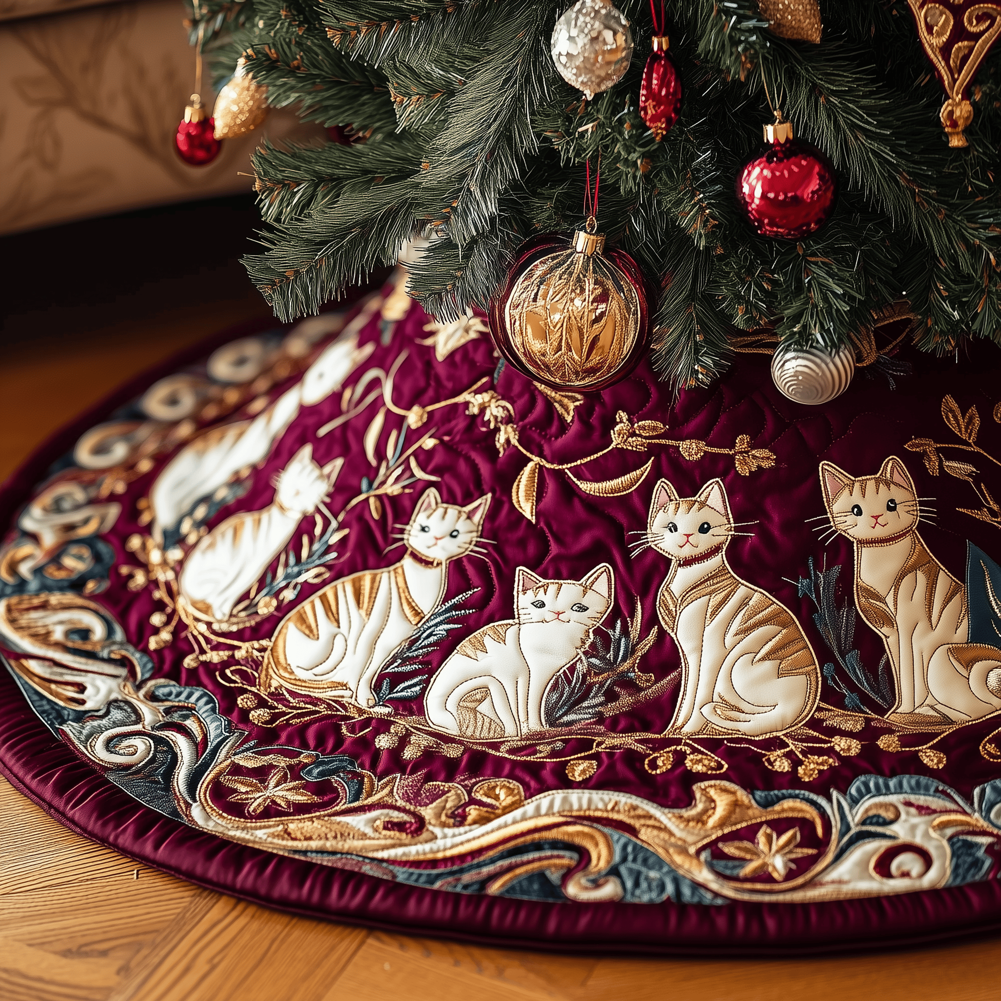 Christmas Cat Quilted Tree Skirt Add Elegance to Your Tree While Keeping Floors Safe Christmas Cat Quilted Tree Skirt Add Elegance to Your Tree While Keeping Floors Safe