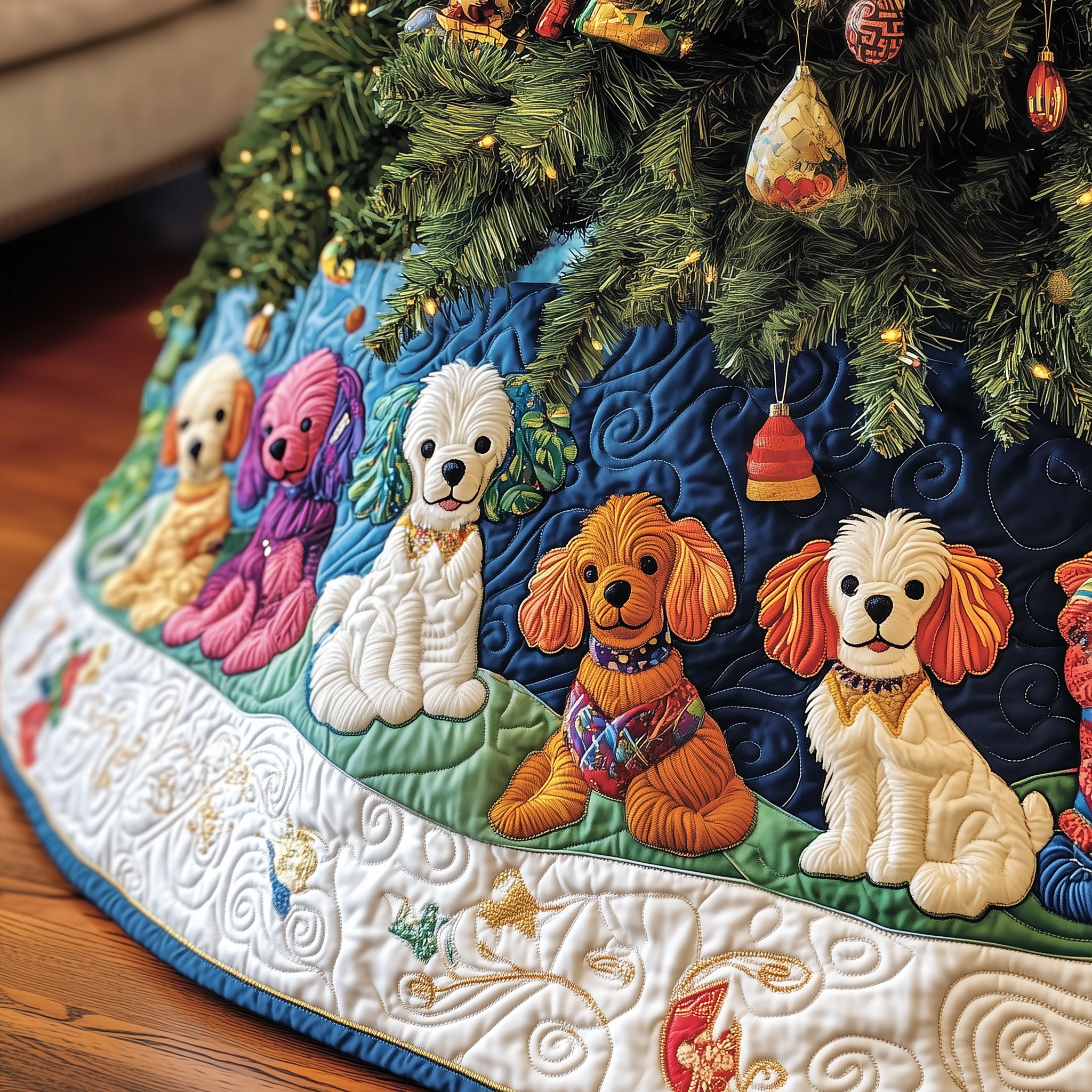 Christmas Colorful Poodle Quilted Tree Skirt Feel Closer to Home with Safe Holiday Decor Christmas Colorful Poodle Quilted Tree Skirt Feel Closer to Home with Safe Holiday Decor