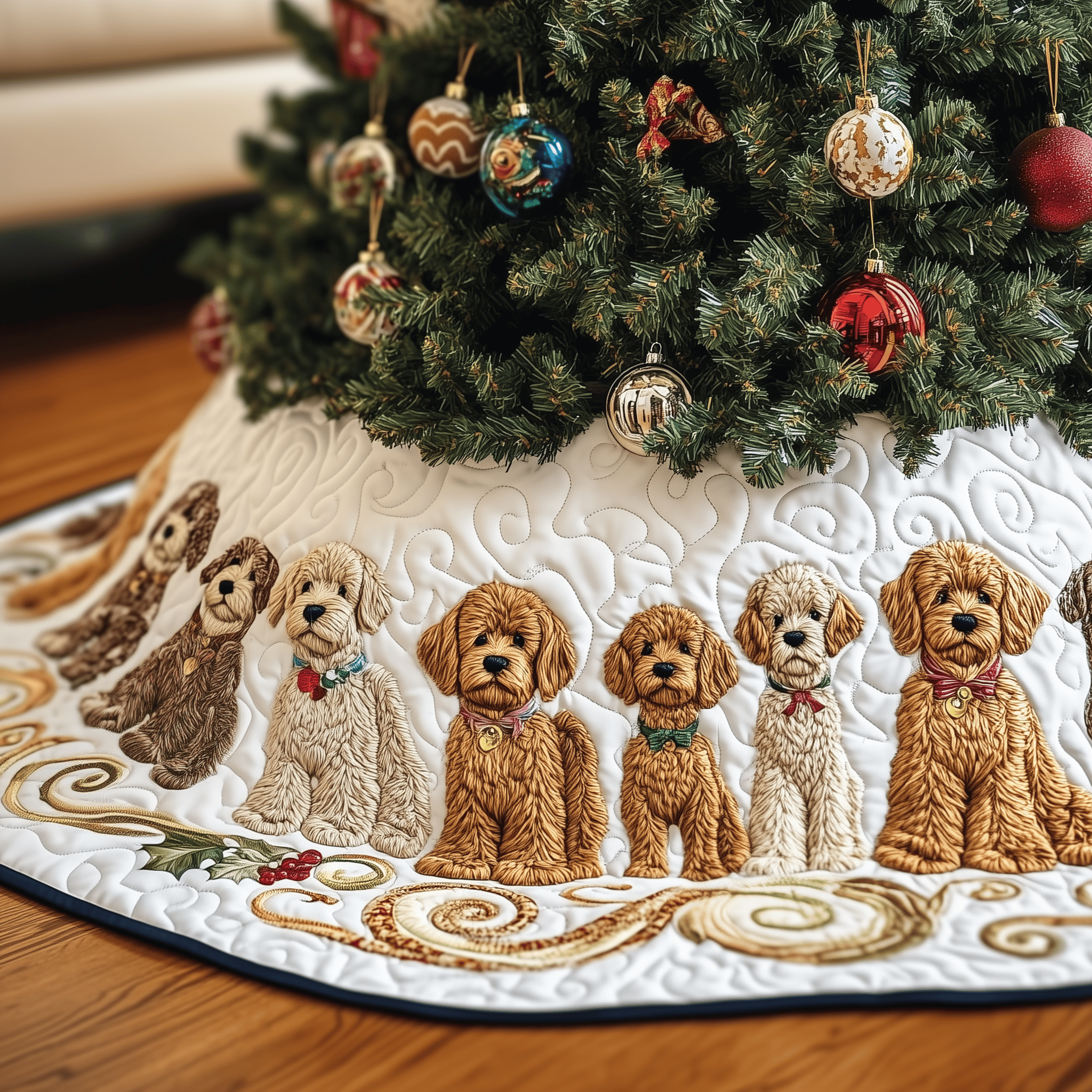 Christmas Goldendoodle Quilted Tree Skirt Add Magic to Your Holidays with Safe Tree Decor Christmas Goldendoodle Quilted Tree Skirt Add Magic to Your Holidays with Safe Tree Decor