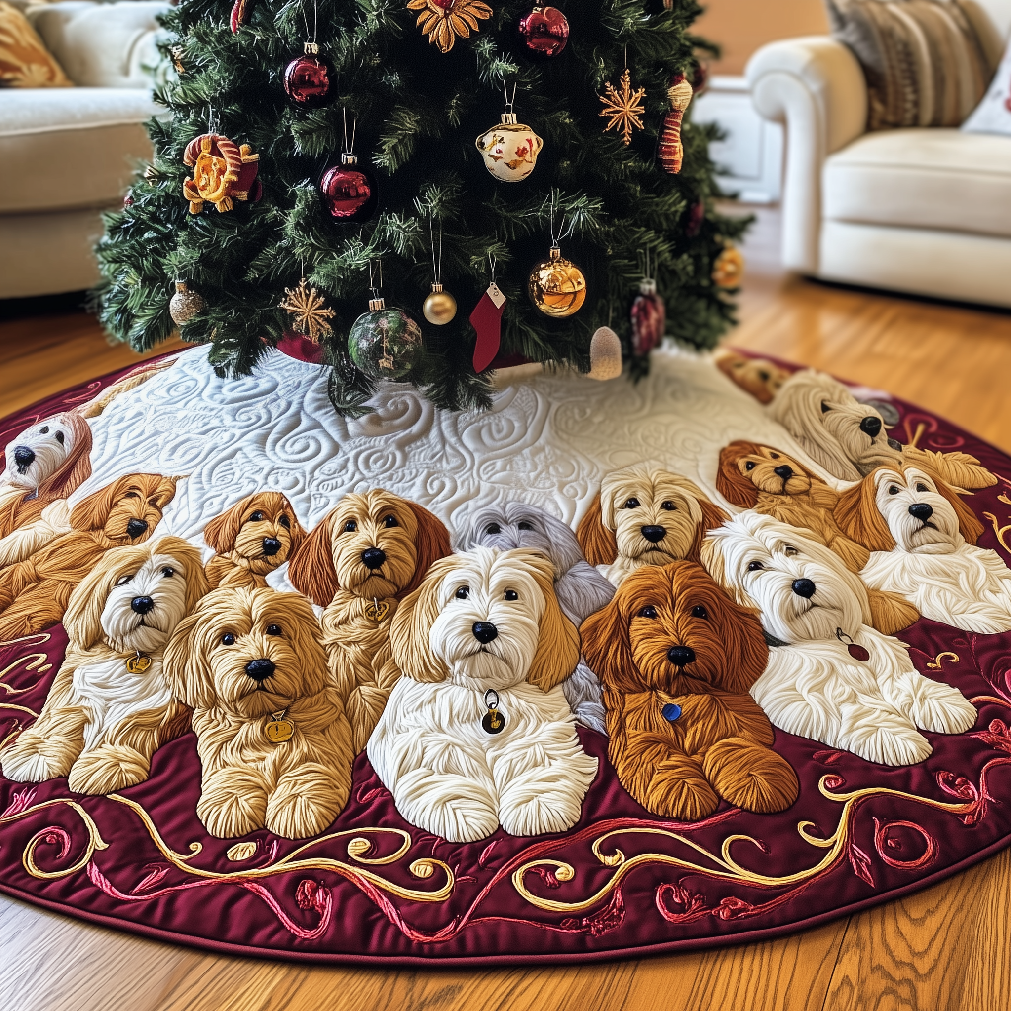 Christmas Goldendoodle Quilted Tree Skirt Bring the Whole Family Together with Protective Holiday Decor Christmas Goldendoodle Quilted Tree Skirt Bring the Whole Family Together with Protective Holiday Decor