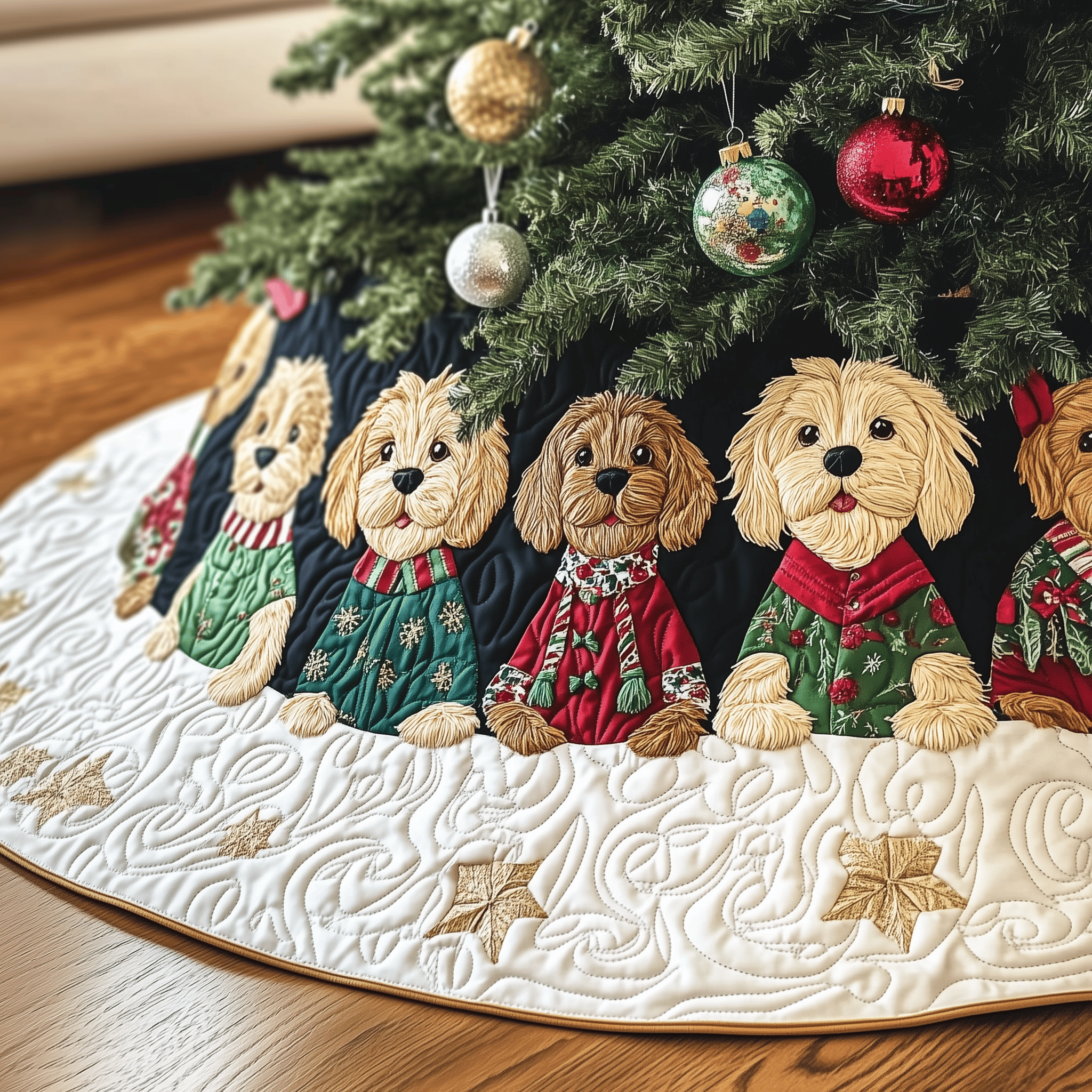 Christmas Goldendoodle Quilted Tree Skirt Celebrate the Joy of Christmas with Worry-Free Decor Christmas Goldendoodle Quilted Tree Skirt Celebrate the Joy of Christmas with Worry-Free Decor