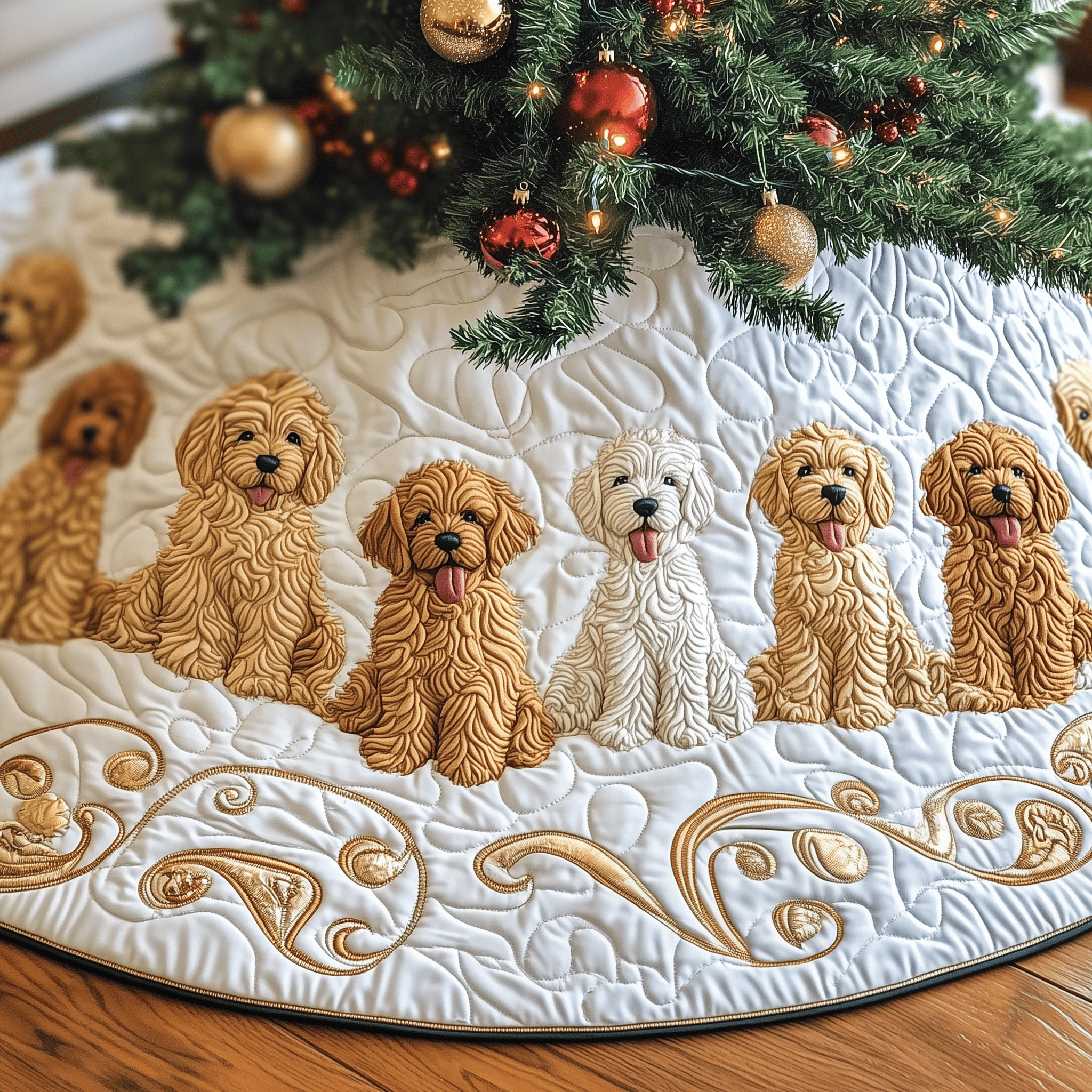 Christmas Goldendoodle Quilted Tree Skirt Feel the Comfort of Christmas with a Durable Tree Skirt Christmas Goldendoodle Quilted Tree Skirt Feel the Comfort of Christmas with a Durable Tree Skirt