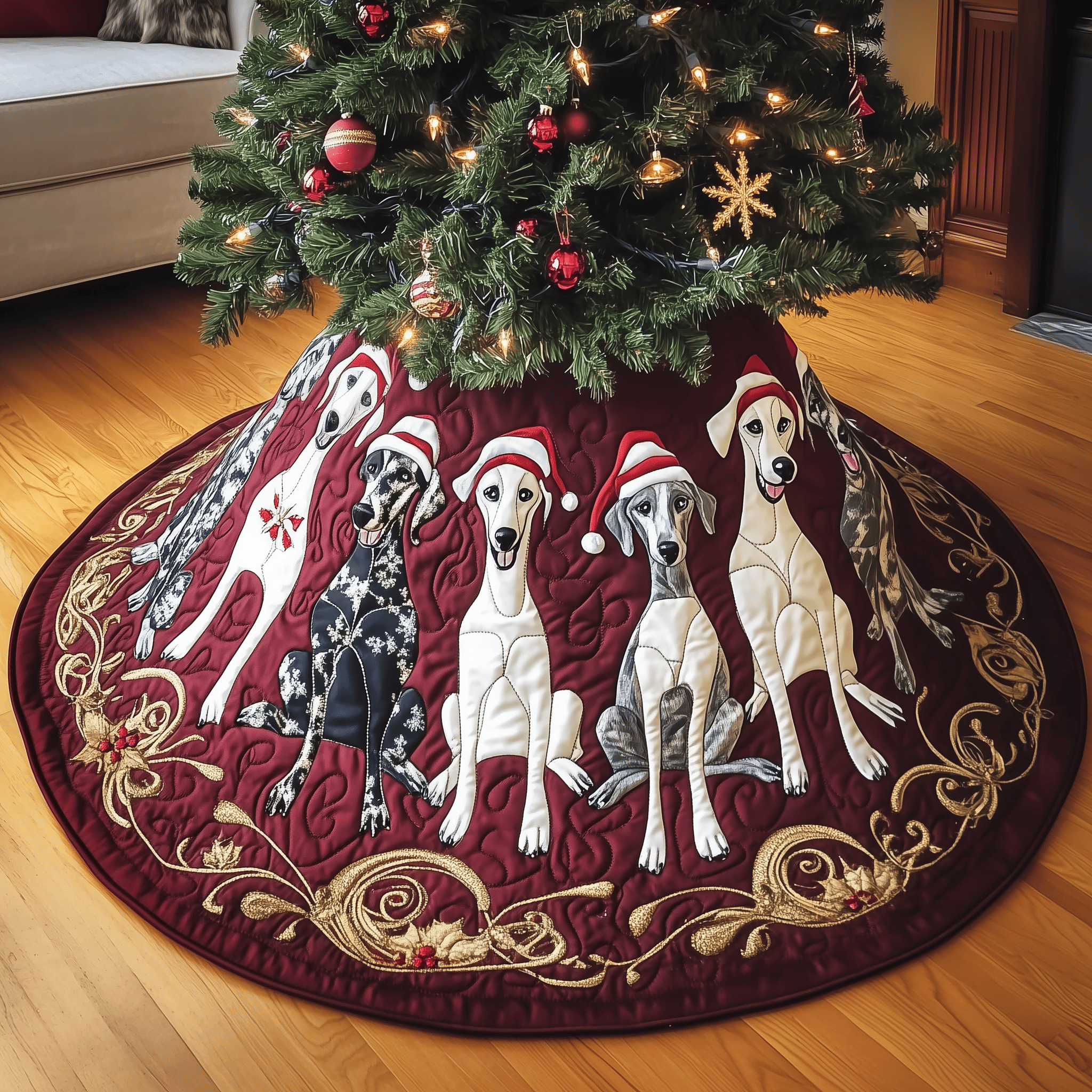 Christmas Greyhound Quilted Tree Skirt Feel the Warmth of the Holidays with a Safe Tree Skirt Christmas Greyhound Quilted Tree Skirt Feel the Warmth of the Holidays with a Safe Tree Skirt