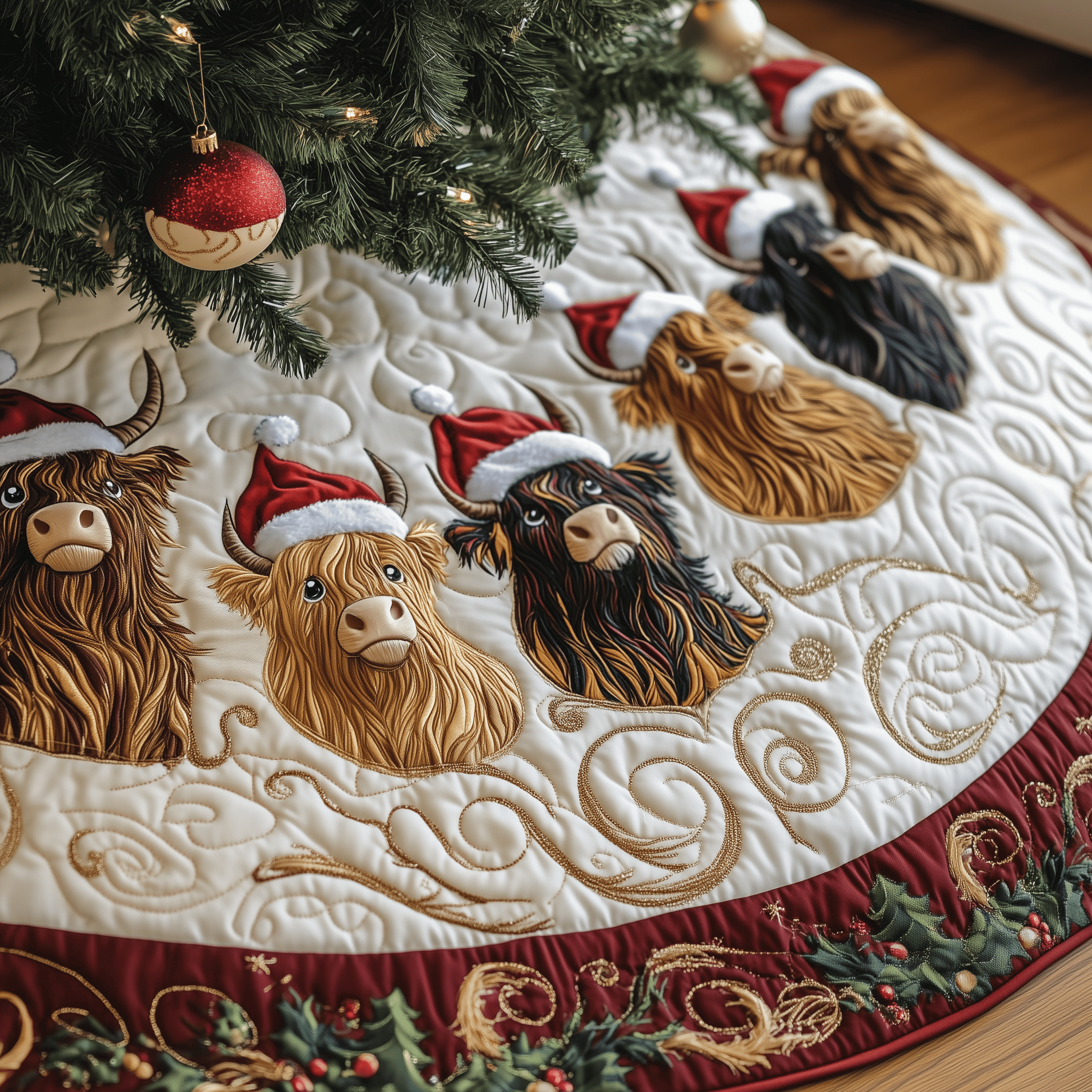 Christmas Highland Cow Quilted Tree Skirt Celebrate Your Family's Traditions with Stylish Protection Christmas Highland Cow Quilted Tree Skirt Celebrate Your Family's Traditions with Stylish Protection