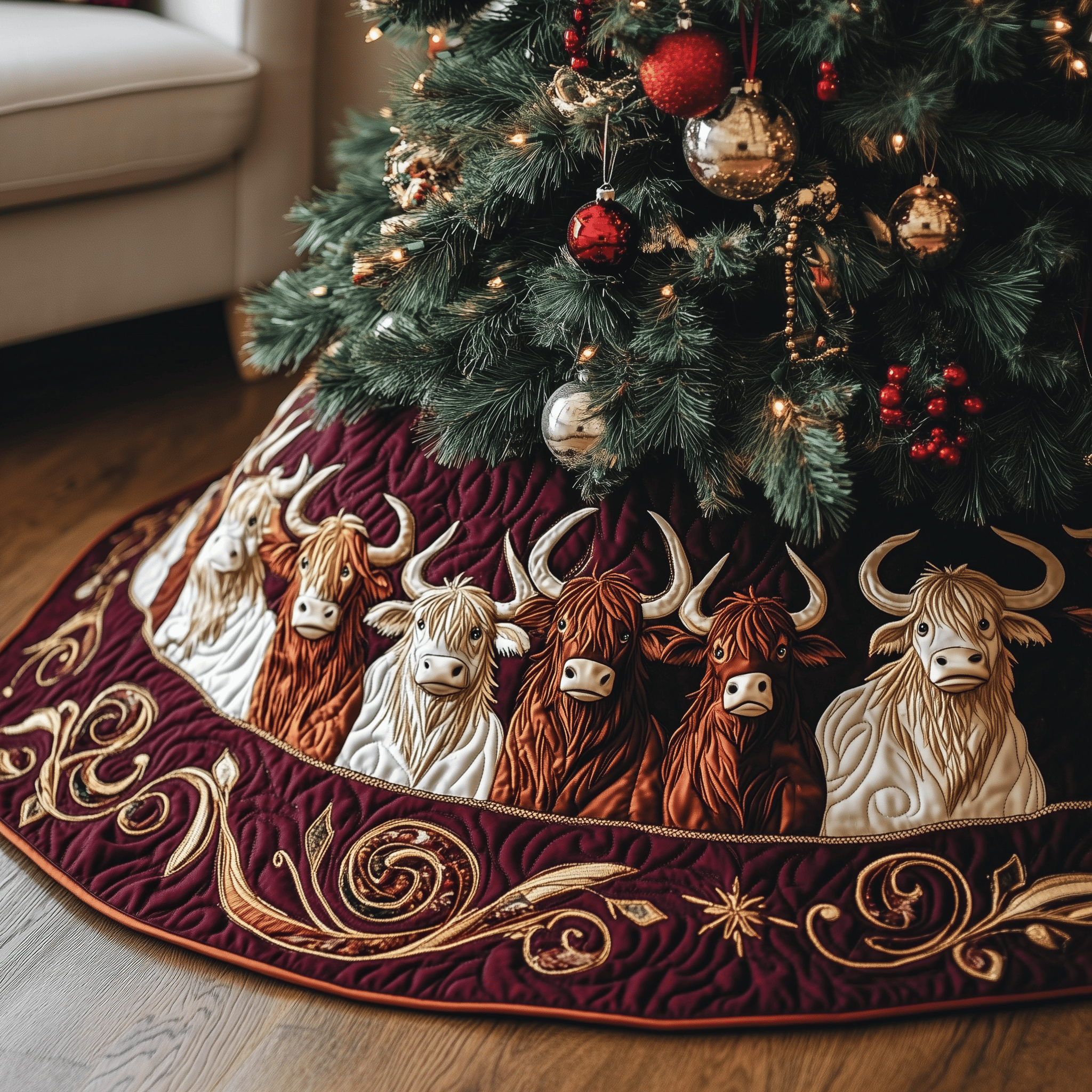 Christmas Highland Cow Quilted Tree Skirt Feel the Magic of the Holidays Without Worry Christmas Highland Cow Quilted Tree Skirt Feel the Magic of the Holidays Without Worry