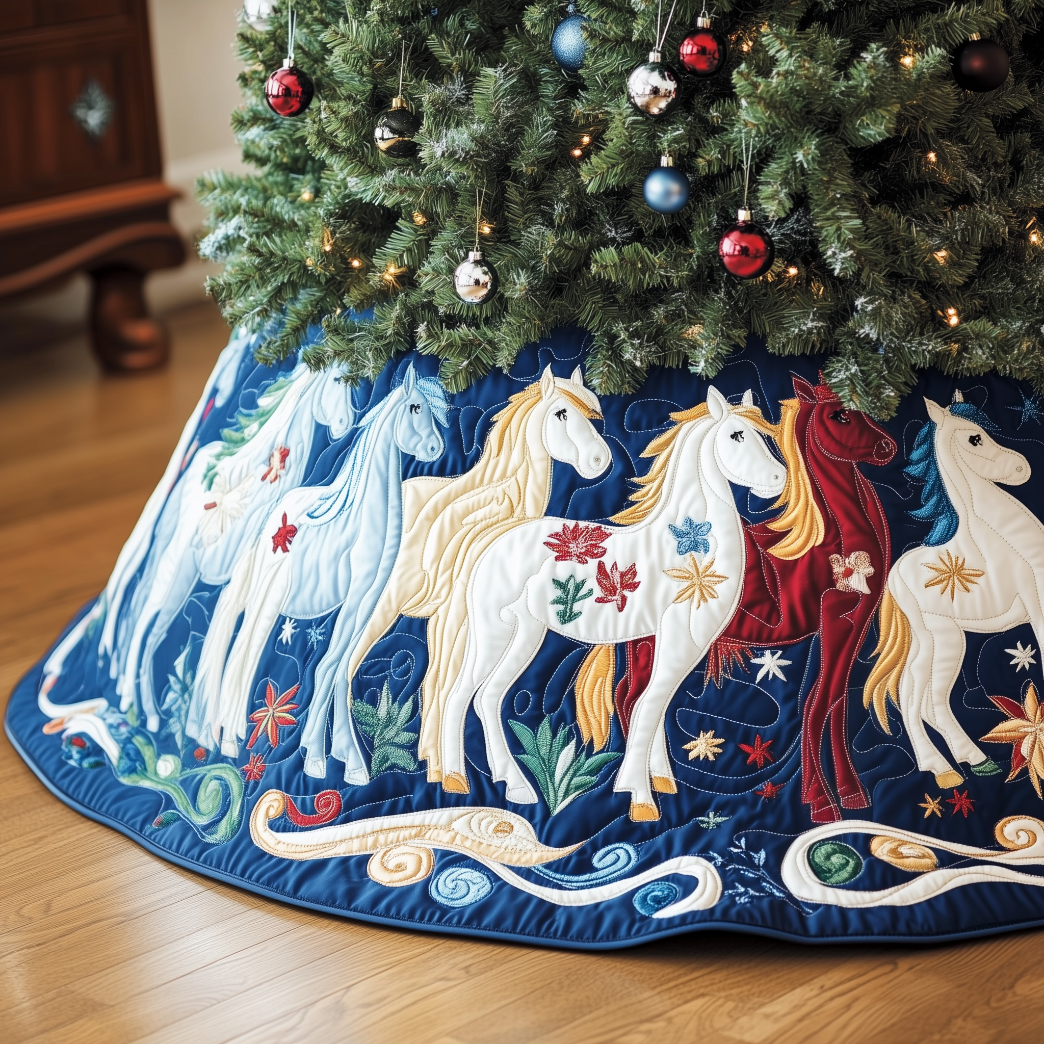 Christmas Horse Quilted Tree Skirt Celebrate the Holidays in Style and Safety Christmas Horse Quilted Tree Skirt Celebrate the Holidays in Style and Safety