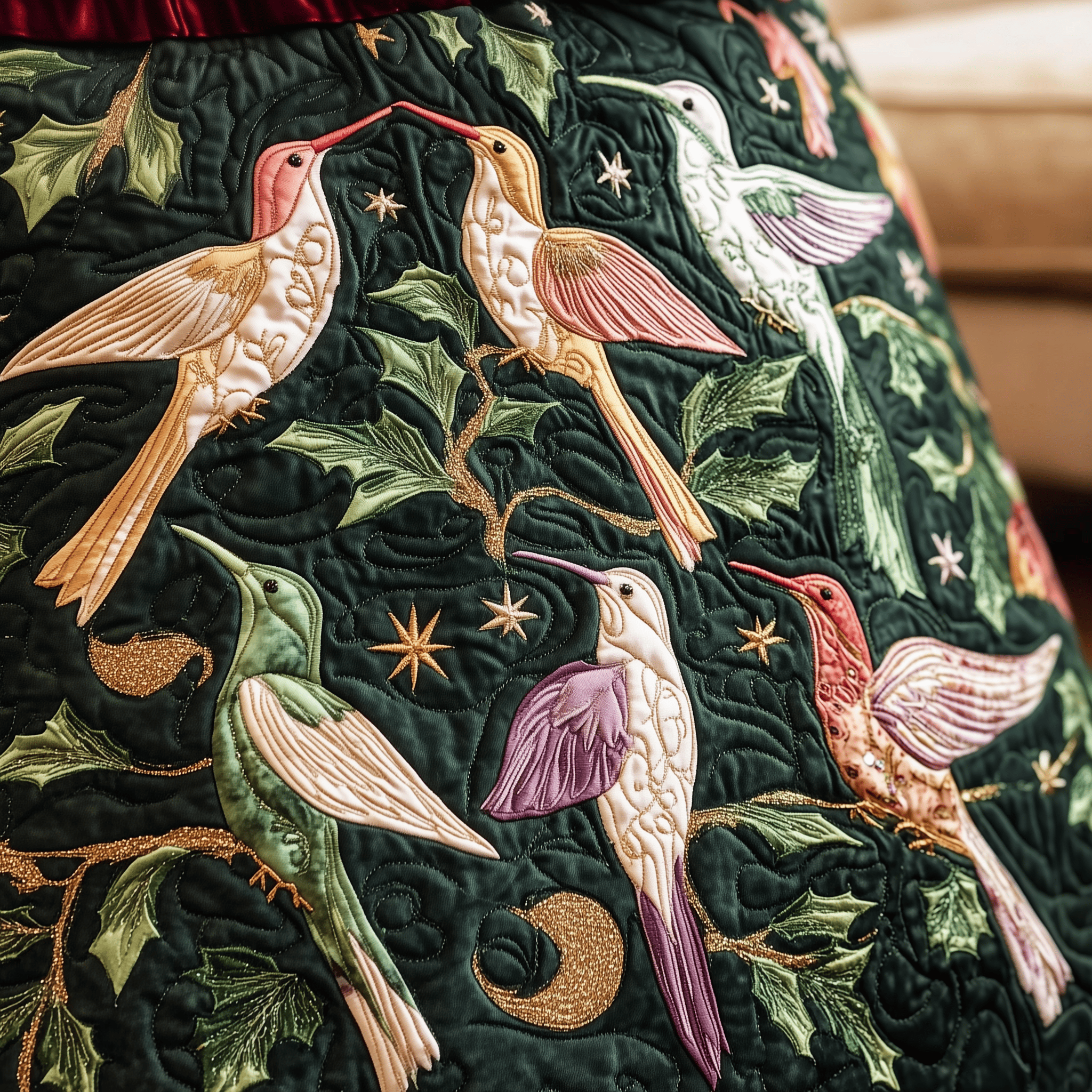 Christmas Humming Bird Quilted Tree Skirt Feel the Heart of Christmas Beneath Your Tree Christmas Humming Bird Quilted Tree Skirt Feel the Heart of Christmas Beneath Your Tree