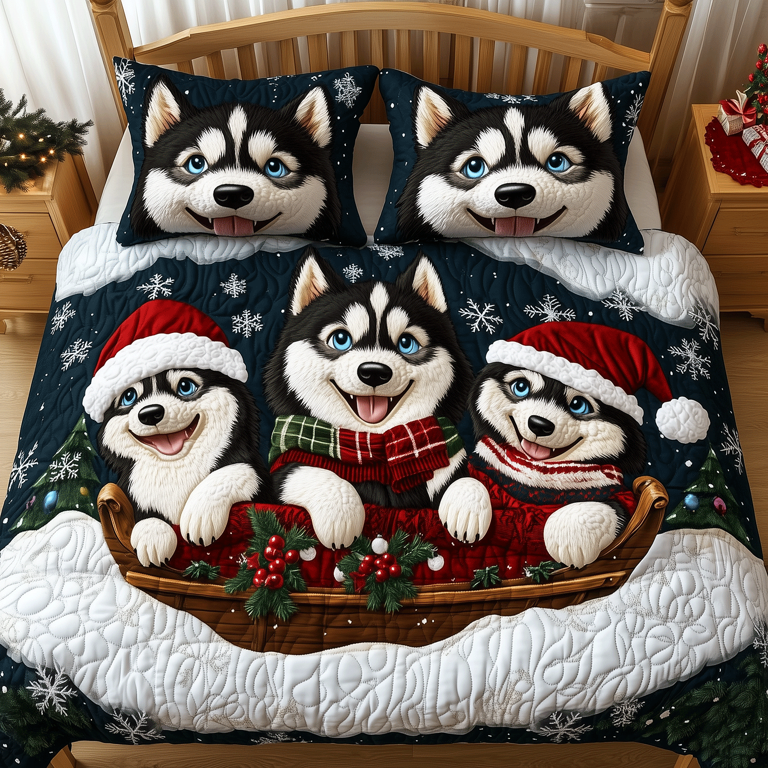 Christmas Husky Delight Quilted Bedding Set Siberian Husky Gifts Christmas Husky Delight Quilted Bedding Set Siberian Husky Gifts