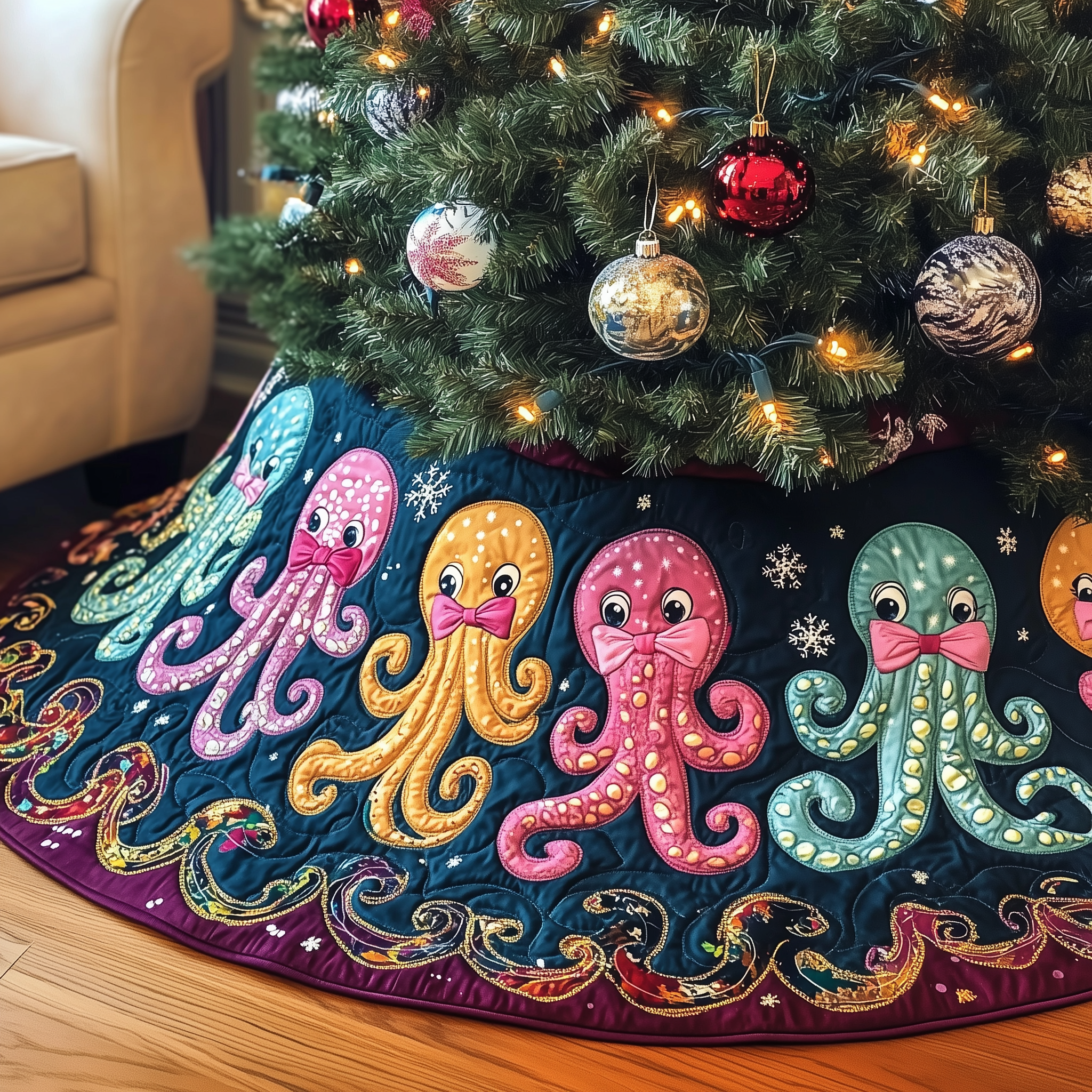 Christmas Joyful Octopus Quilted Tree Skirt Elevate Your Holiday Vibes with Protective Tree Decor Christmas Joyful Octopus Quilted Tree Skirt Elevate Your Holiday Vibes with Protective Tree Decor