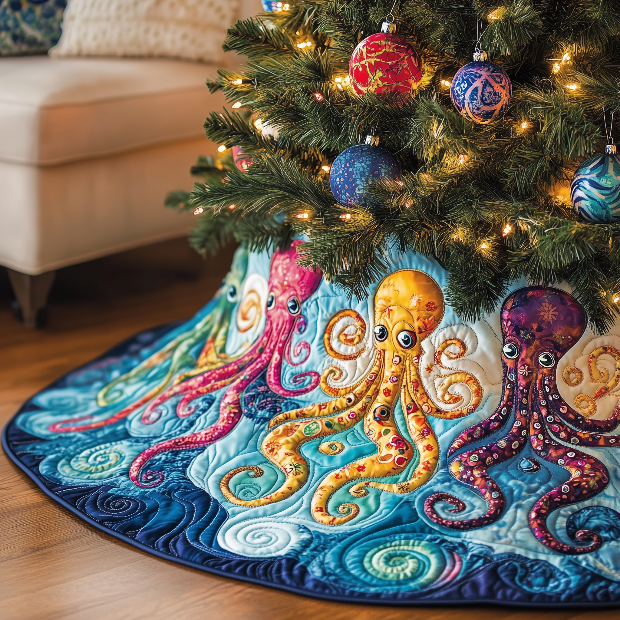 Christmas Joyful Octopus Quilted Tree Skirt Enjoy a Relaxing Holiday with Peaceful Tree Decor Christmas Joyful Octopus Quilted Tree Skirt Enjoy a Relaxing Holiday with Peaceful Tree Decor