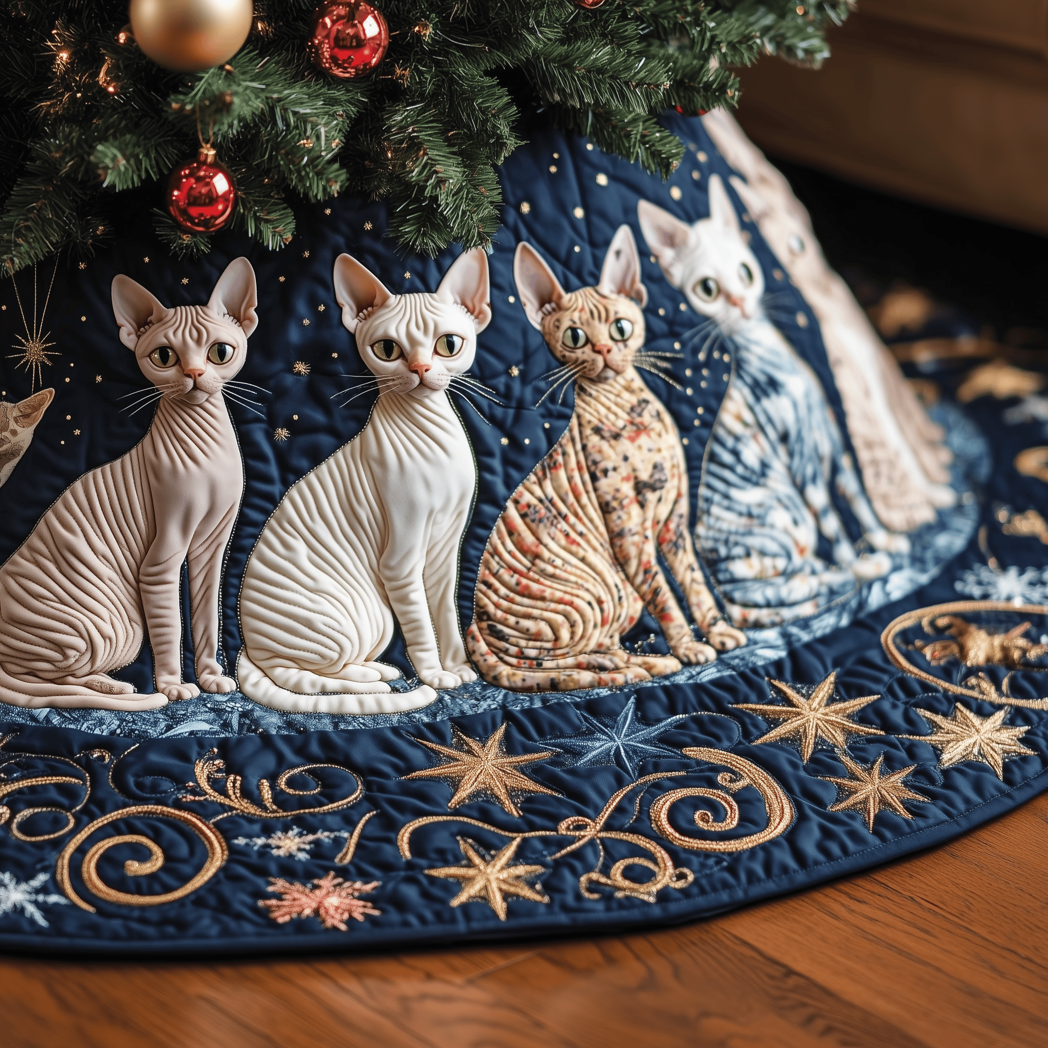 Christmas Joyful Sphynx Cat Quilted Tree Skirt Celebrate the Joy of Christmas with Worry-Free Decor Christmas Joyful Sphynx Cat Quilted Tree Skirt Celebrate the Joy of Christmas with Worry-Free Decor
