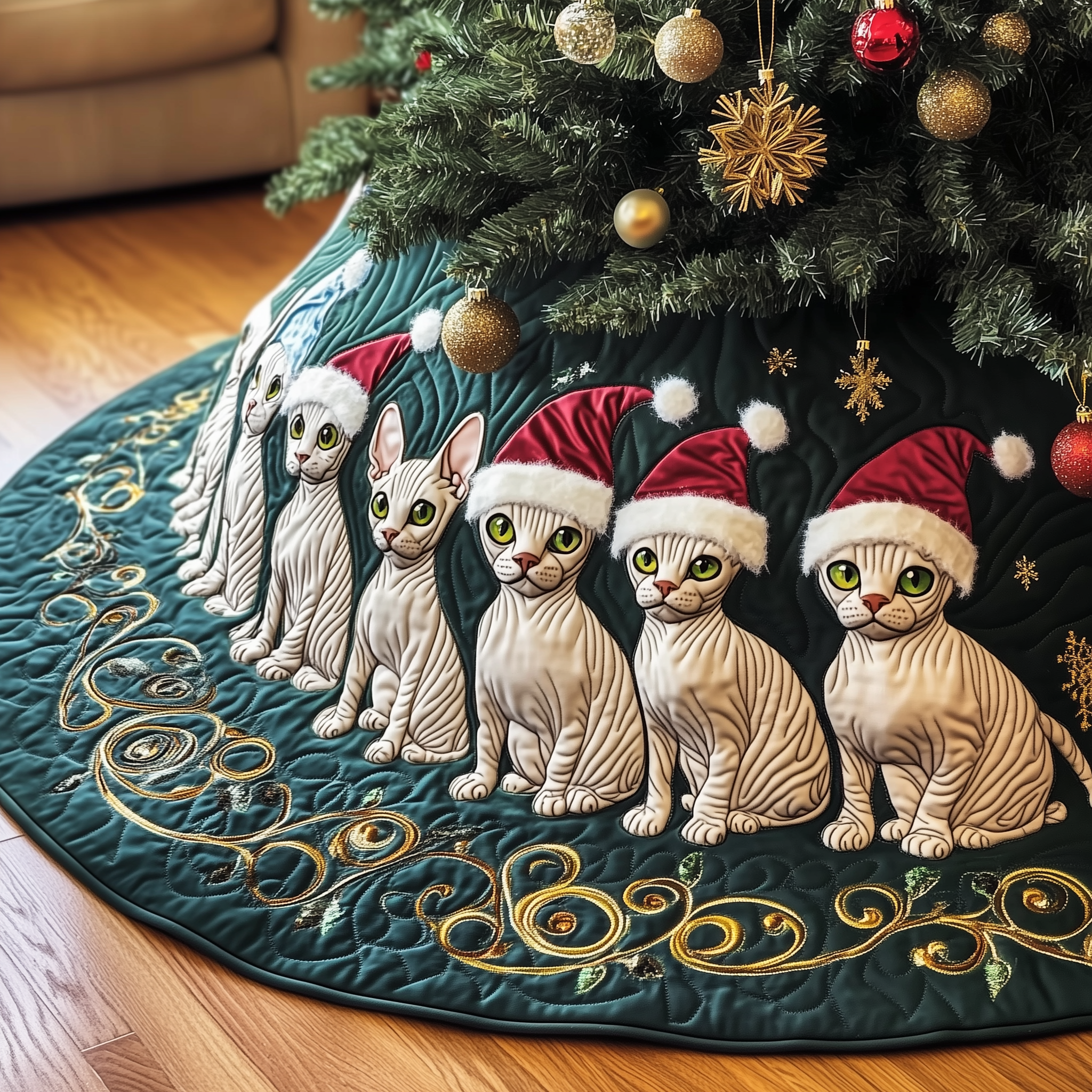 Christmas Joyful Sphynx Cat Quilted Tree Skirt Feel the Comfort of Christmas with a Durable Tree Skirt Christmas Joyful Sphynx Cat Quilted Tree Skirt Feel the Comfort of Christmas with a Durable Tree Skirt