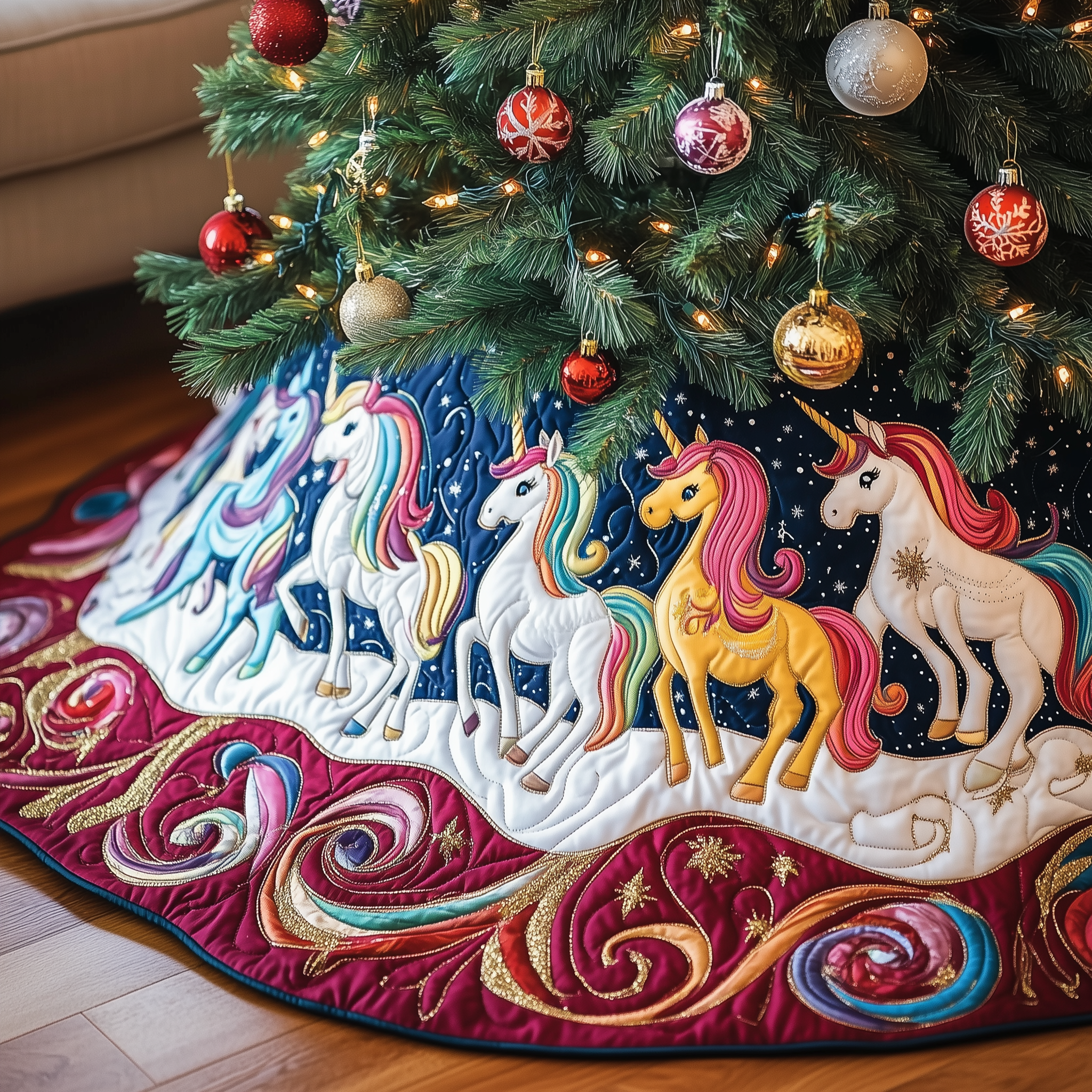 Christmas Joyful Unicorn Quilted Tree Skirt Celebrate Togetherness with Thoughtful Holiday Decor Christmas Joyful Unicorn Quilted Tree Skirt Celebrate Togetherness with Thoughtful Holiday Decor