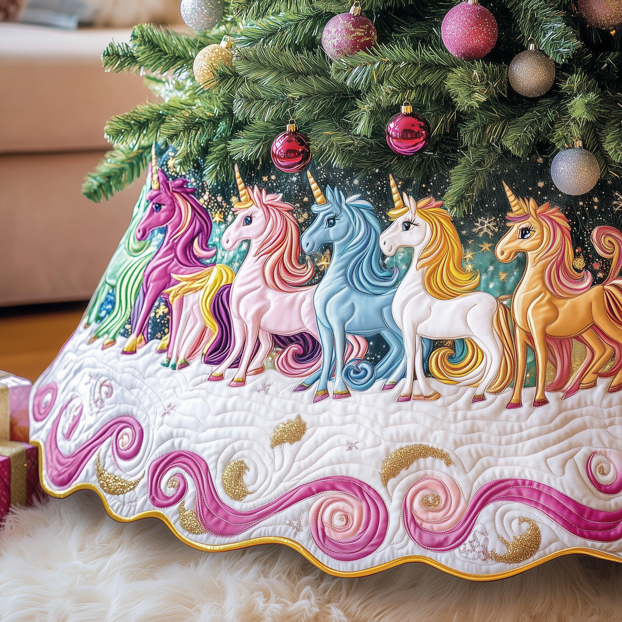 Christmas Joyful Unicorn Quilted Tree Skirt Celebrate Your Family's Traditions with Stylish Protection Christmas Joyful Unicorn Quilted Tree Skirt Celebrate Your Family's Traditions with Stylish Protection