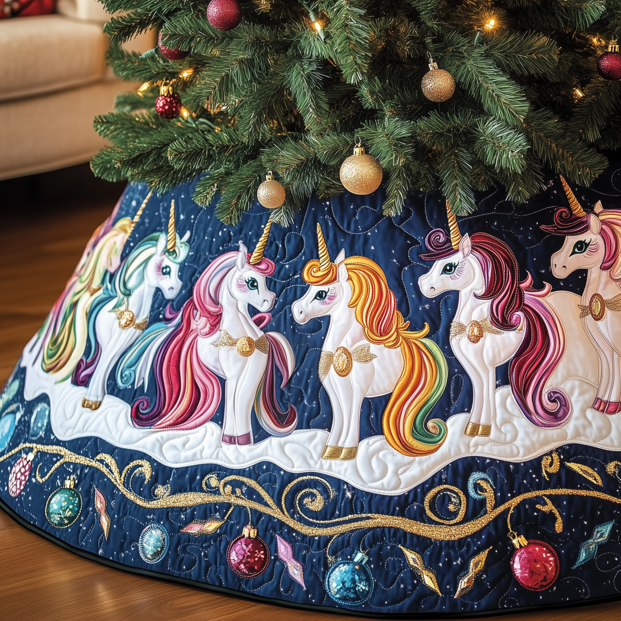 Christmas Joyful Unicorn Quilted Tree Skirt Feel Closer to Home with Safe Holiday Decor Christmas Joyful Unicorn Quilted Tree Skirt Feel Closer to Home with Safe Holiday Decor