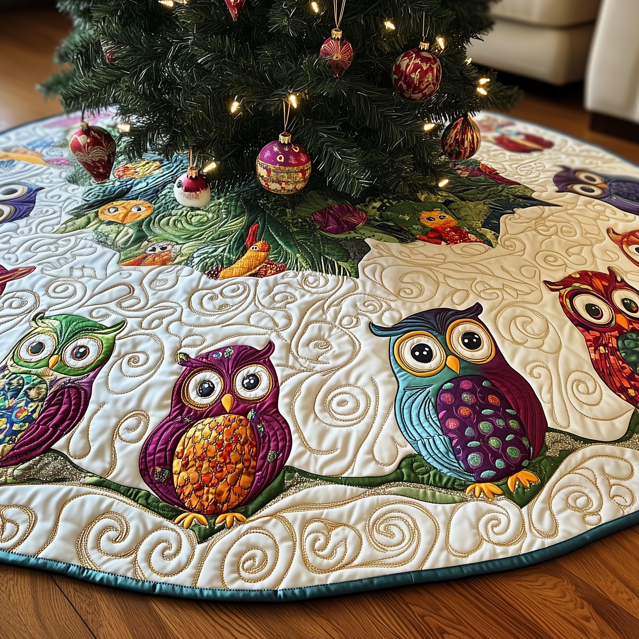 Christmas Owl Quilted Tree Skirt Celebrate Joyfully with a Stylish Christmas Tree Skirt Christmas Owl Quilted Tree Skirt Celebrate Joyfully with a Stylish Christmas Tree Skirt
