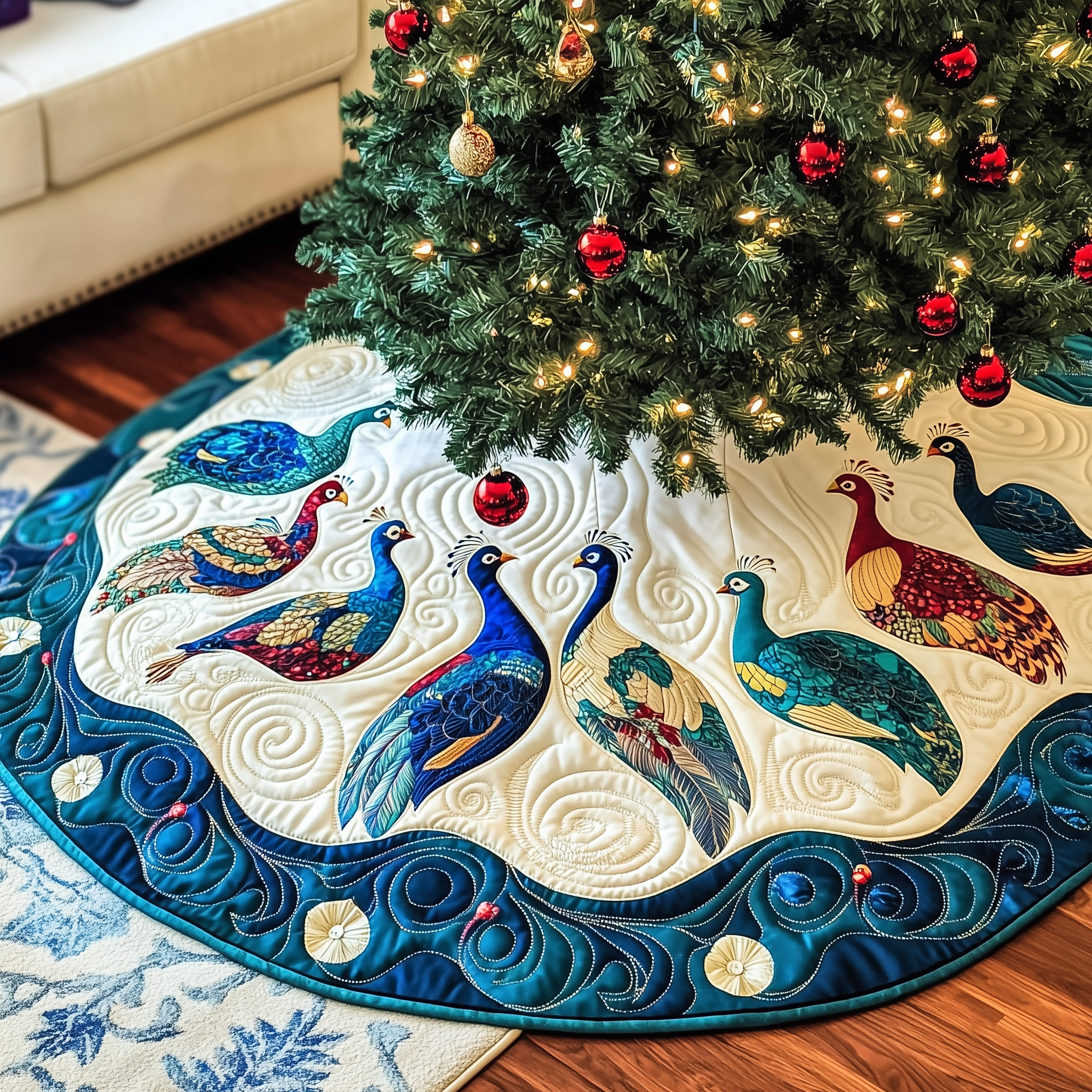 Christmas Peacock Quilted Tree Skirt Feel Closer to Home with Safe Holiday Decor Christmas Peacock Quilted Tree Skirt Feel Closer to Home with Safe Holiday Decor