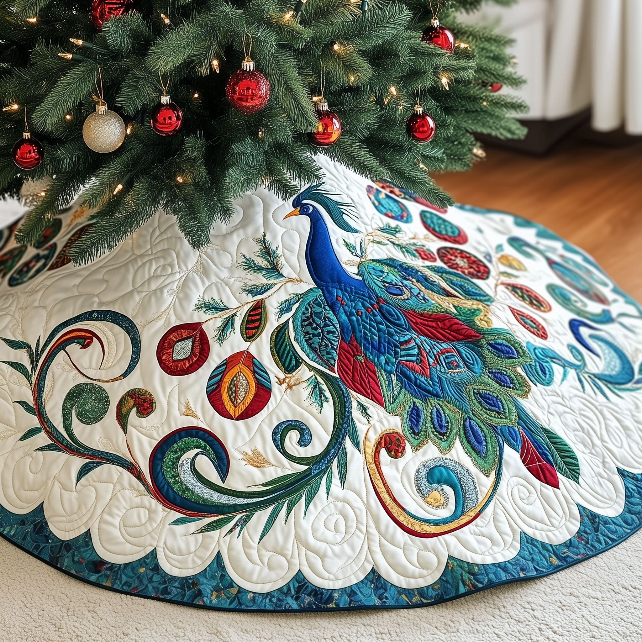 Christmas Peacock Quilted Tree Skirt Feel the Comfort of Christmas with a Durable Tree Skirt Christmas Peacock Quilted Tree Skirt Feel the Comfort of Christmas with a Durable Tree Skirt