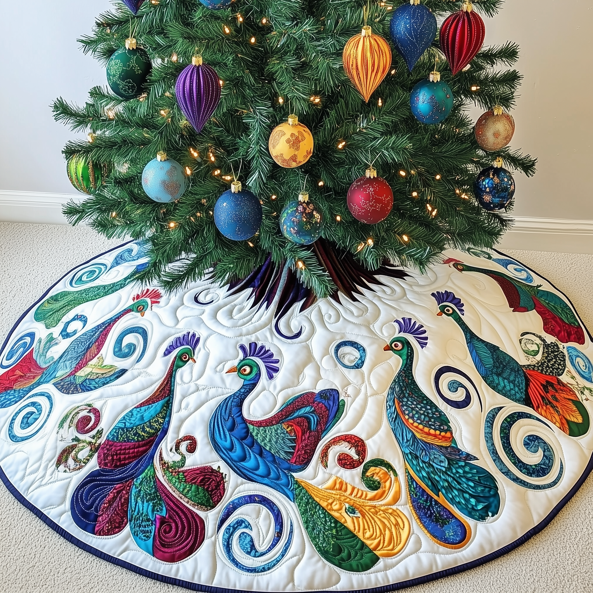 Christmas Peacock Quilted Tree Skirt Feel the Warmth of the Holidays with a Safe Tree Skirt Christmas Peacock Quilted Tree Skirt Feel the Warmth of the Holidays with a Safe Tree Skirt