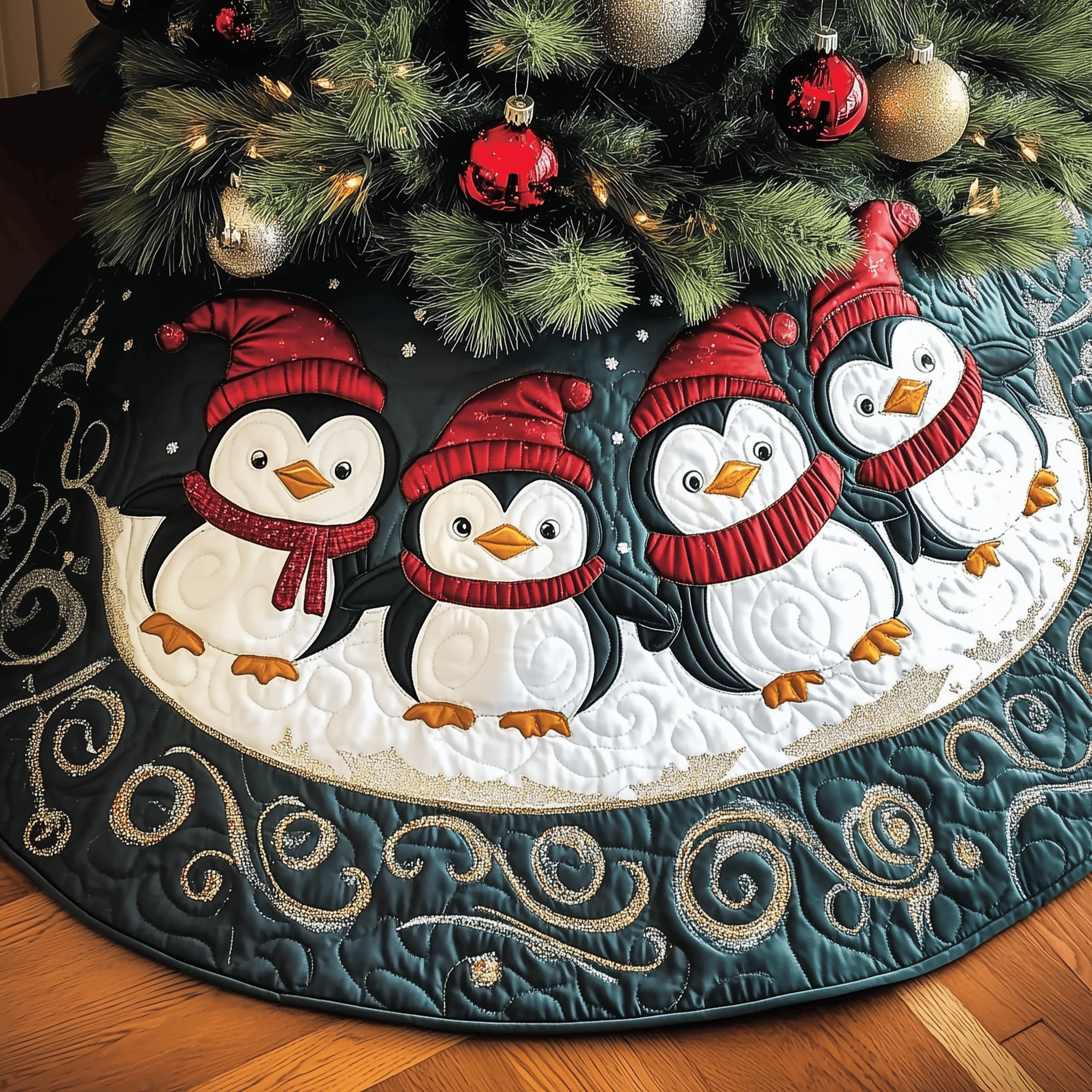 Christmas Penguin Quilted Tree Skirt Make Christmas Simple and Stylish with Protective Decor Christmas Penguin Quilted Tree Skirt Make Christmas Simple and Stylish with Protective Decor