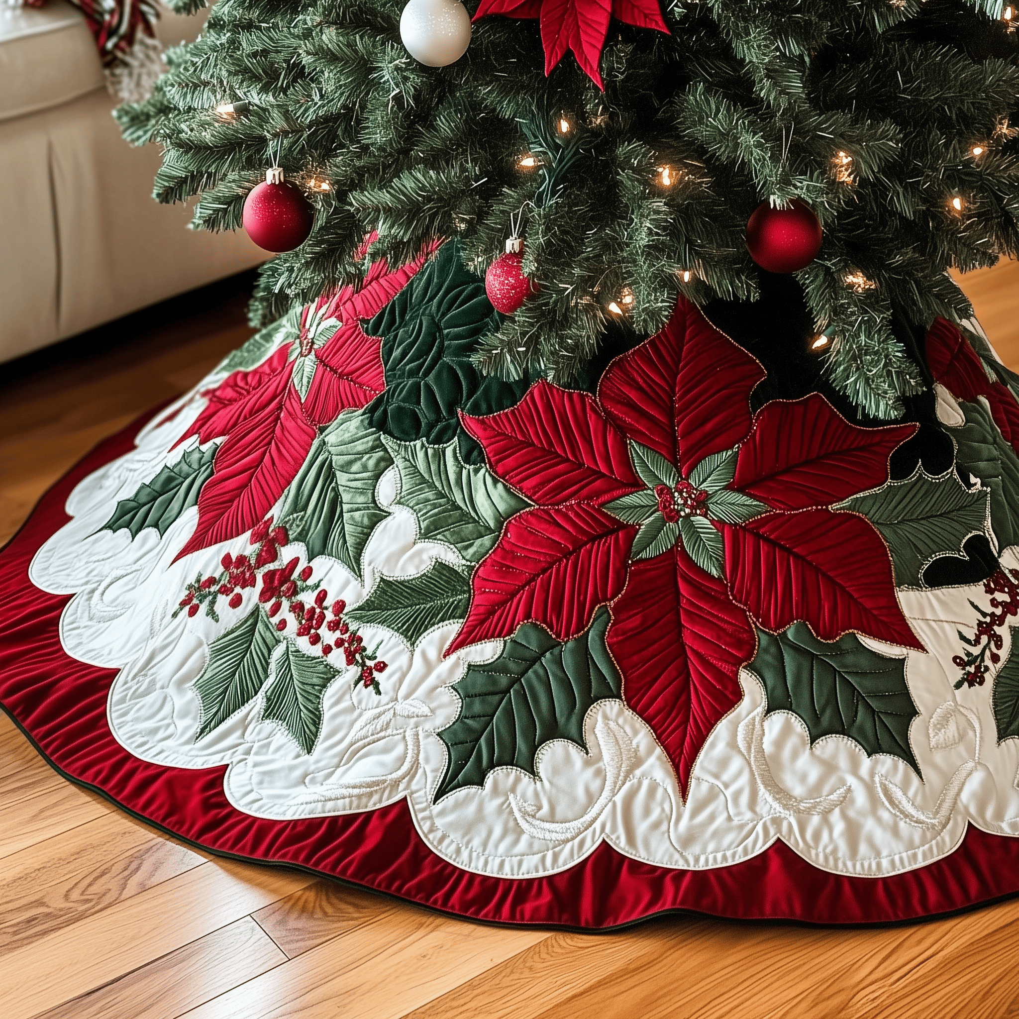 Christmas Poinsettias Quilted Tree Skirt Celebrate the Holidays in Style and Safety Christmas Poinsettias Quilted Tree Skirt Celebrate the Holidays in Style and Safety