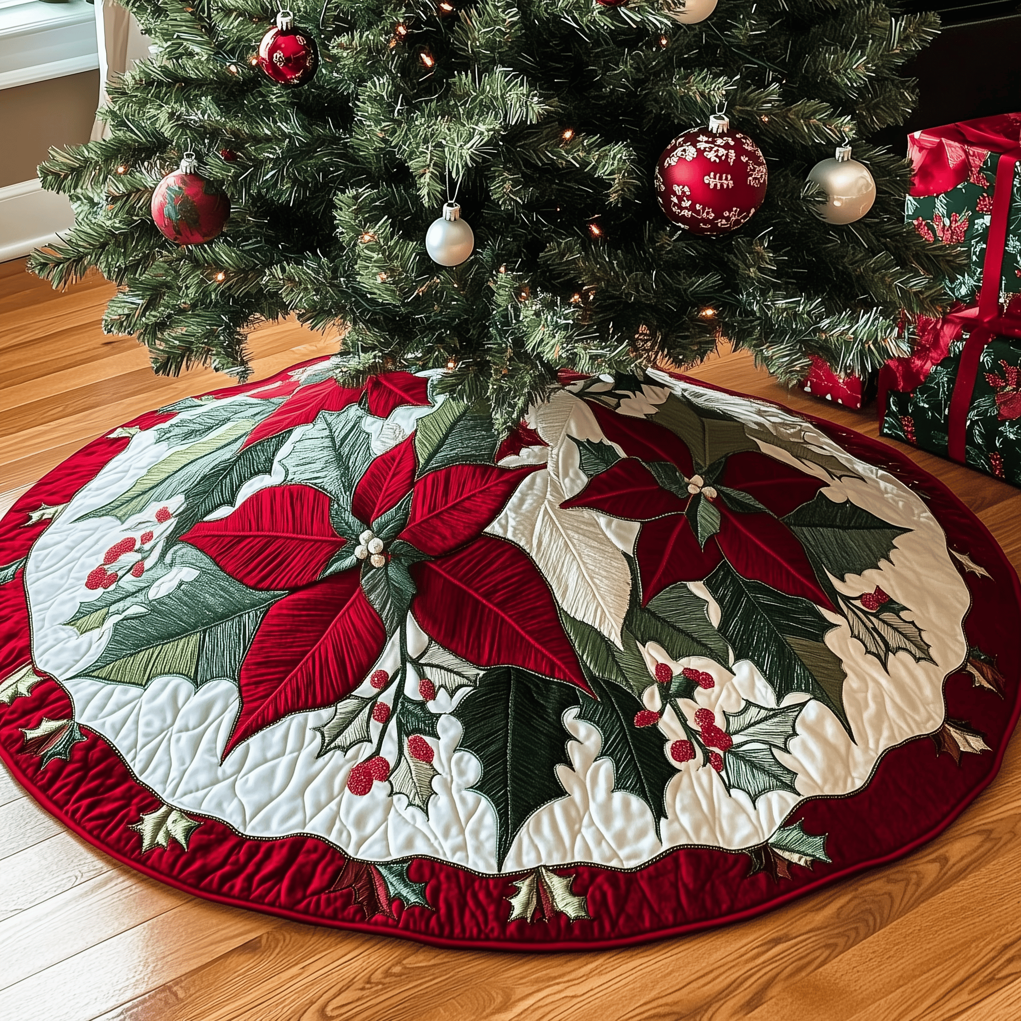Christmas Poinsettias Quilted Tree Skirt Feel Joyful and Protected with Your Holiday Tree Skirt Christmas Poinsettias Quilted Tree Skirt Feel Joyful and Protected with Your Holiday Tree Skirt