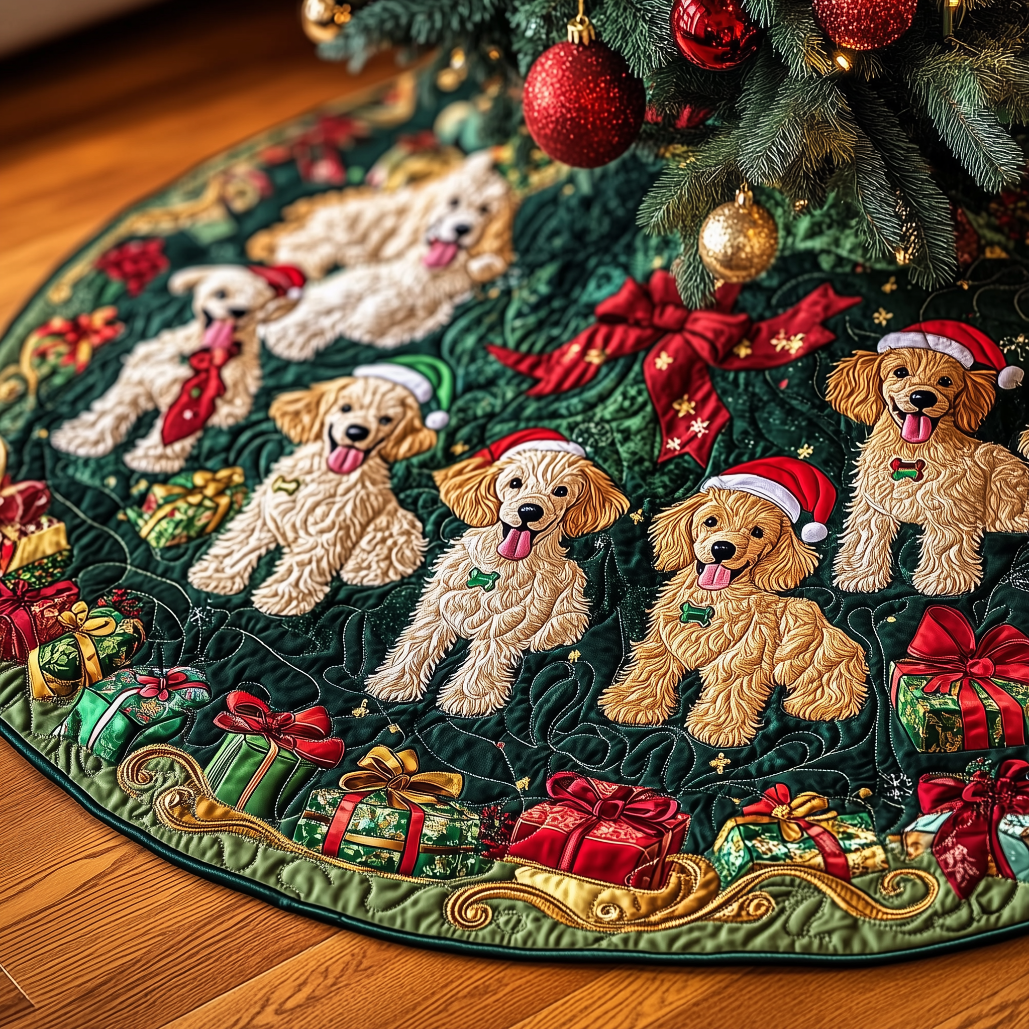 Christmas Poodle Cheer Quilted Tree Skirt Feel Joy and Comfort with a Thoughtful Holiday Addition Christmas Poodle Cheer Quilted Tree Skirt Feel Joy and Comfort with a Thoughtful Holiday Addition