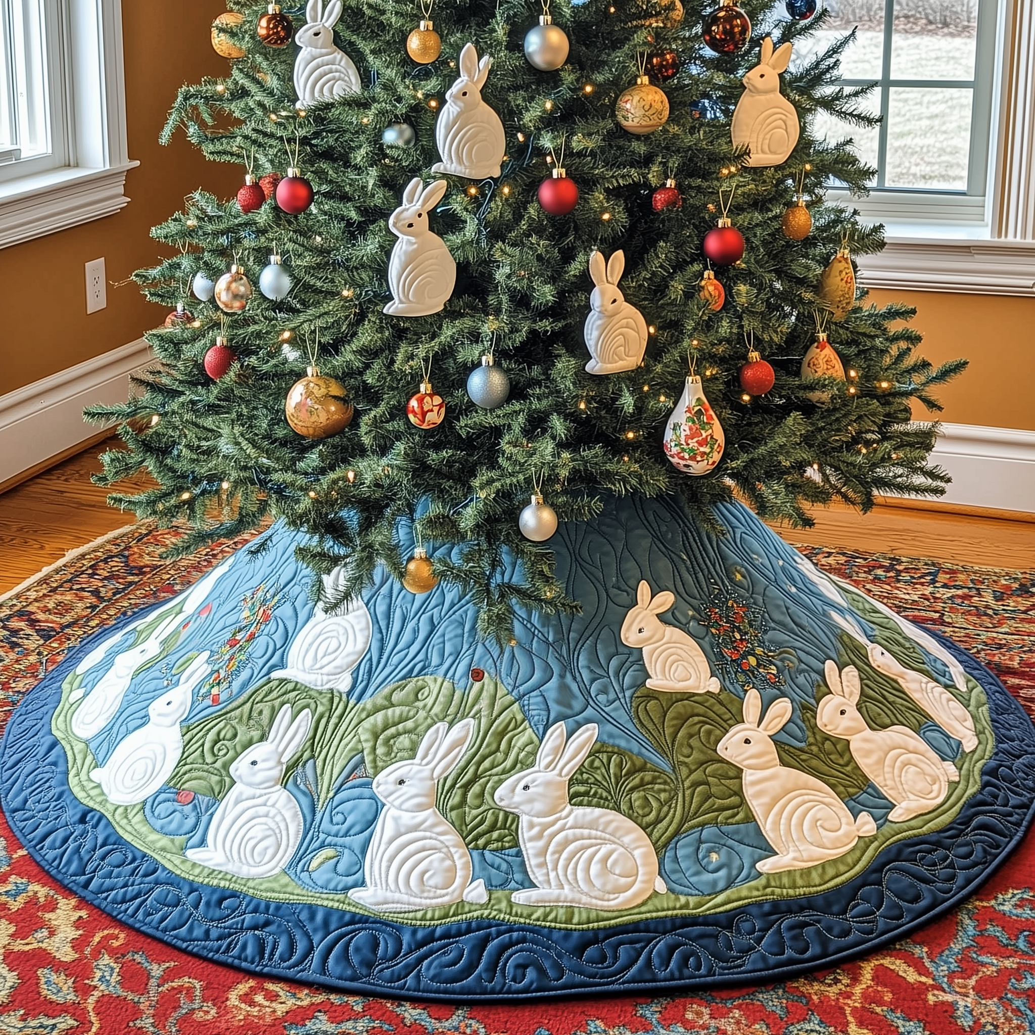 Christmas Rabbit Quilted Tree Skirt Feel Peaceful Amid the Holiday Rush with Protective Decor Christmas Rabbit Quilted Tree Skirt Feel Peaceful Amid the Holiday Rush with Protective Decor