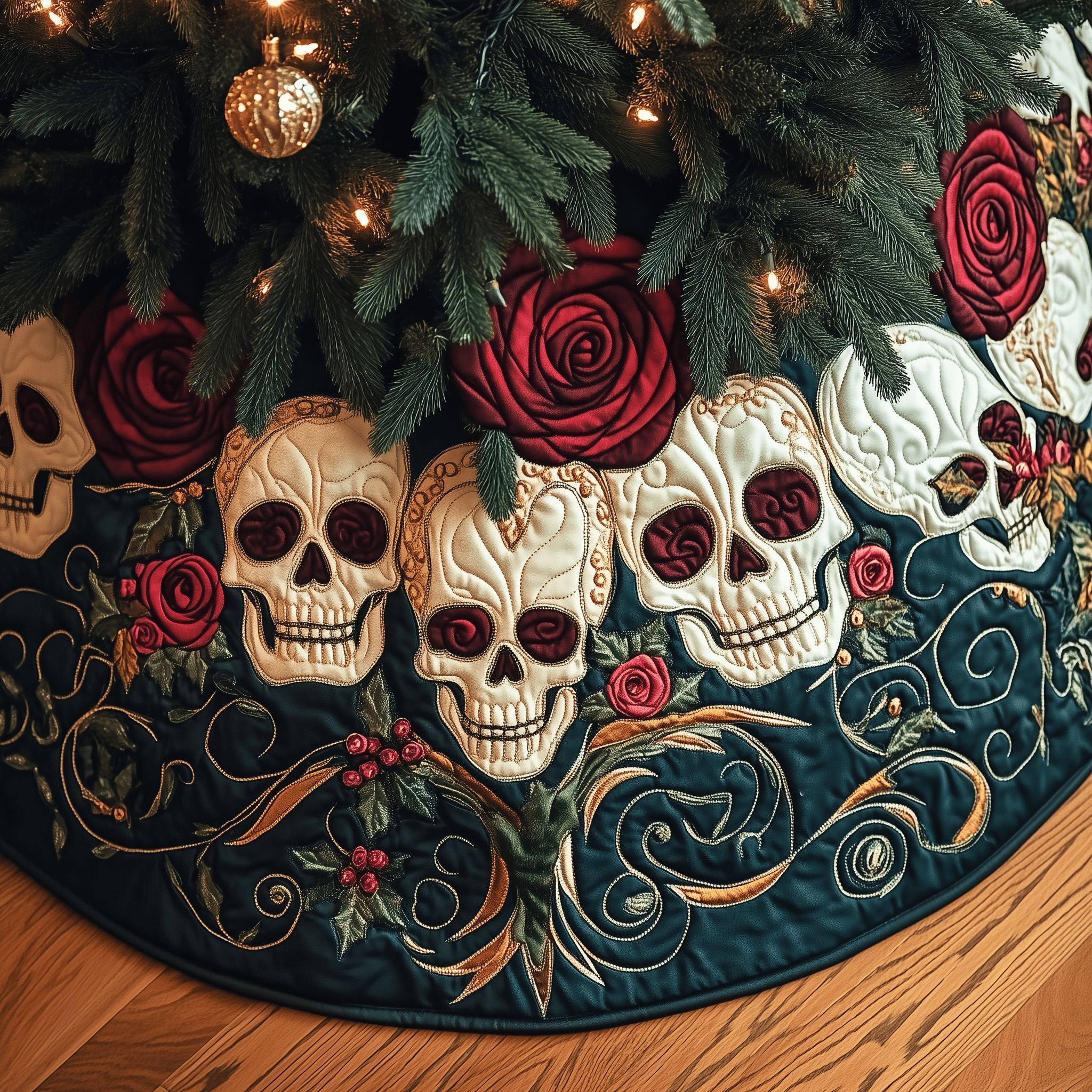 Christmas Red Rose Skull Quilted Tree Skirt Feel the Warmth of Christmas with Protective Decor Christmas Red Rose Skull Quilted Tree Skirt Feel the Warmth of Christmas with Protective Decor