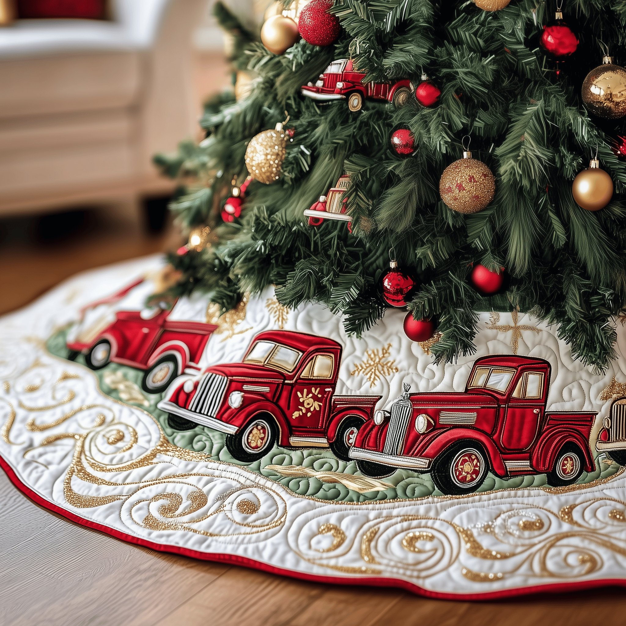 Christmas Red Truck Quilted Tree Skirt Make the Holidays Worry-Free with Protective Tree Decor Christmas Red Truck Quilted Tree Skirt Make the Holidays Worry-Free with Protective Tree Decor