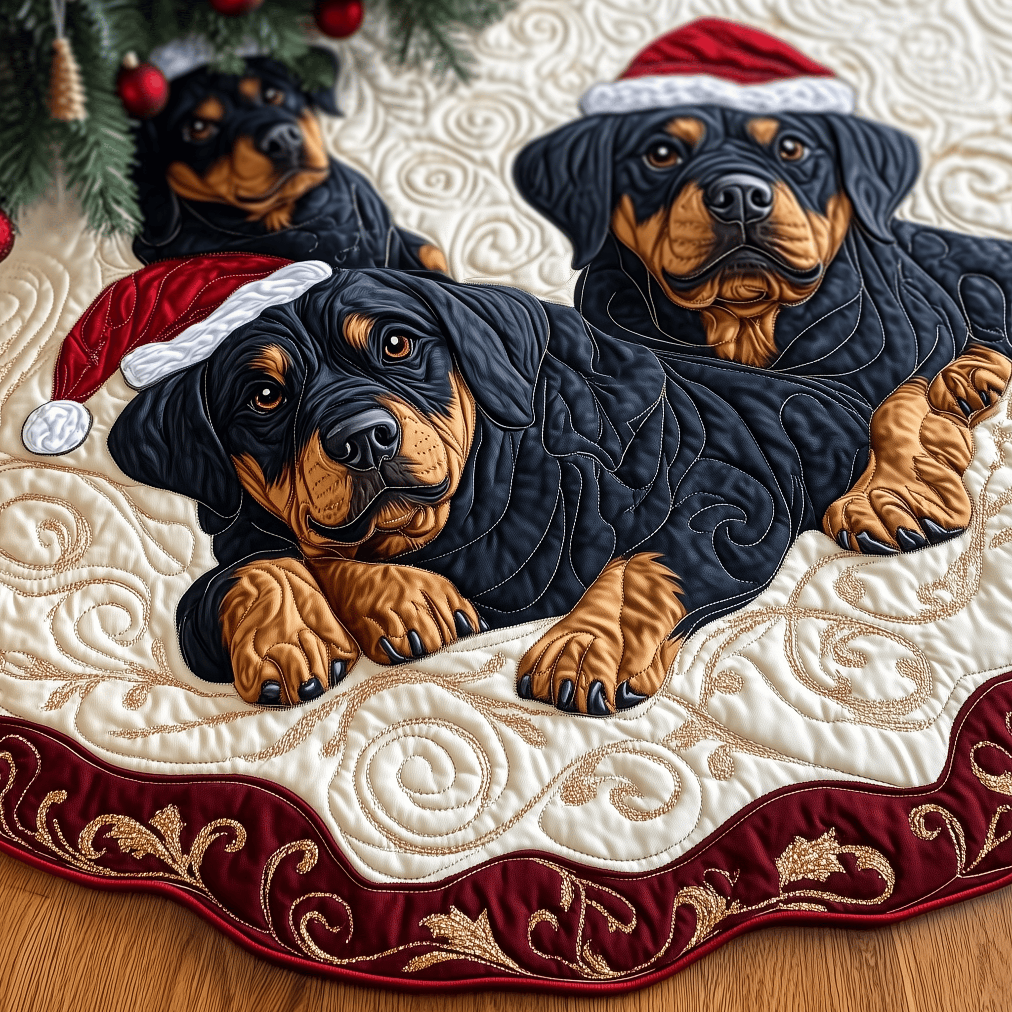 Christmas Rottweiler Quilted Tree Skirt Elevate Your Holiday Vibes with Protective Tree Decor Christmas Rottweiler Quilted Tree Skirt Elevate Your Holiday Vibes with Protective Tree Decor