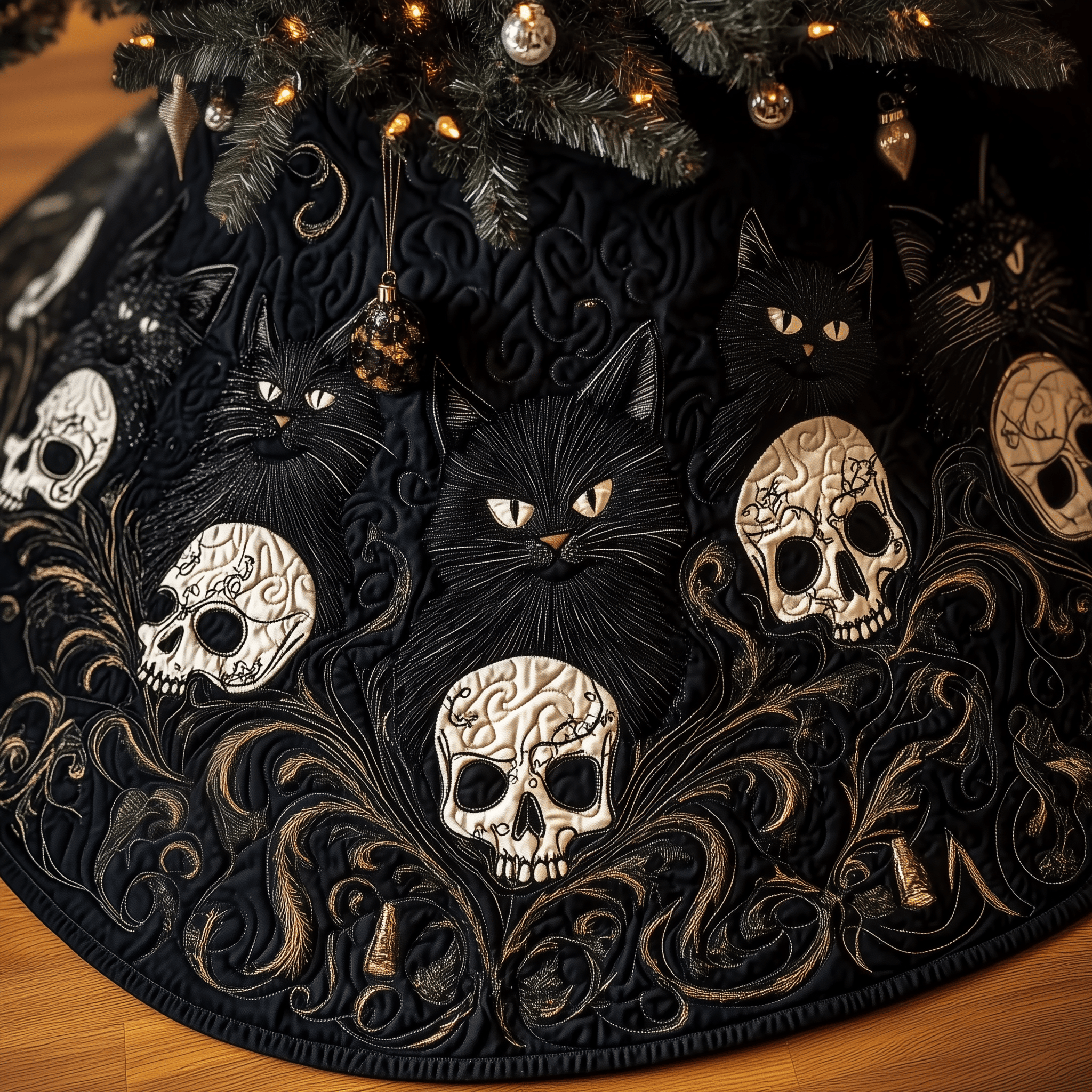Christmas Skull And Black Cat Quilted Tree Skirt Celebrate Your Family's Traditions with Stylish Protection Christmas Skull And Black Cat Quilted Tree Skirt Celebrate Your Family's Traditions with Stylish Protection