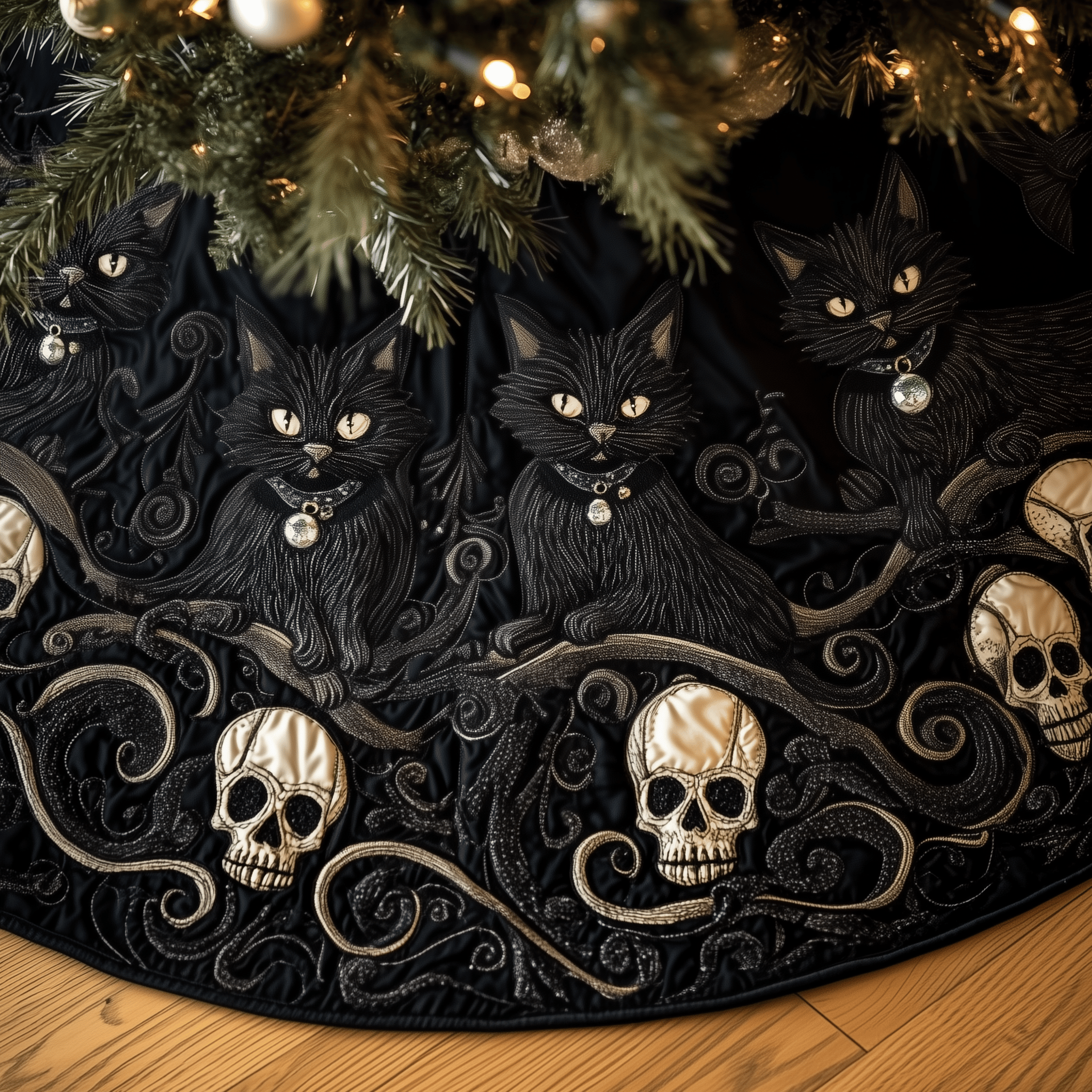 Christmas Skull And Black Cat Quilted Tree Skirt Feel the Magic of the Holidays Without Worry Christmas Skull And Black Cat Quilted Tree Skirt Feel the Magic of the Holidays Without Worry